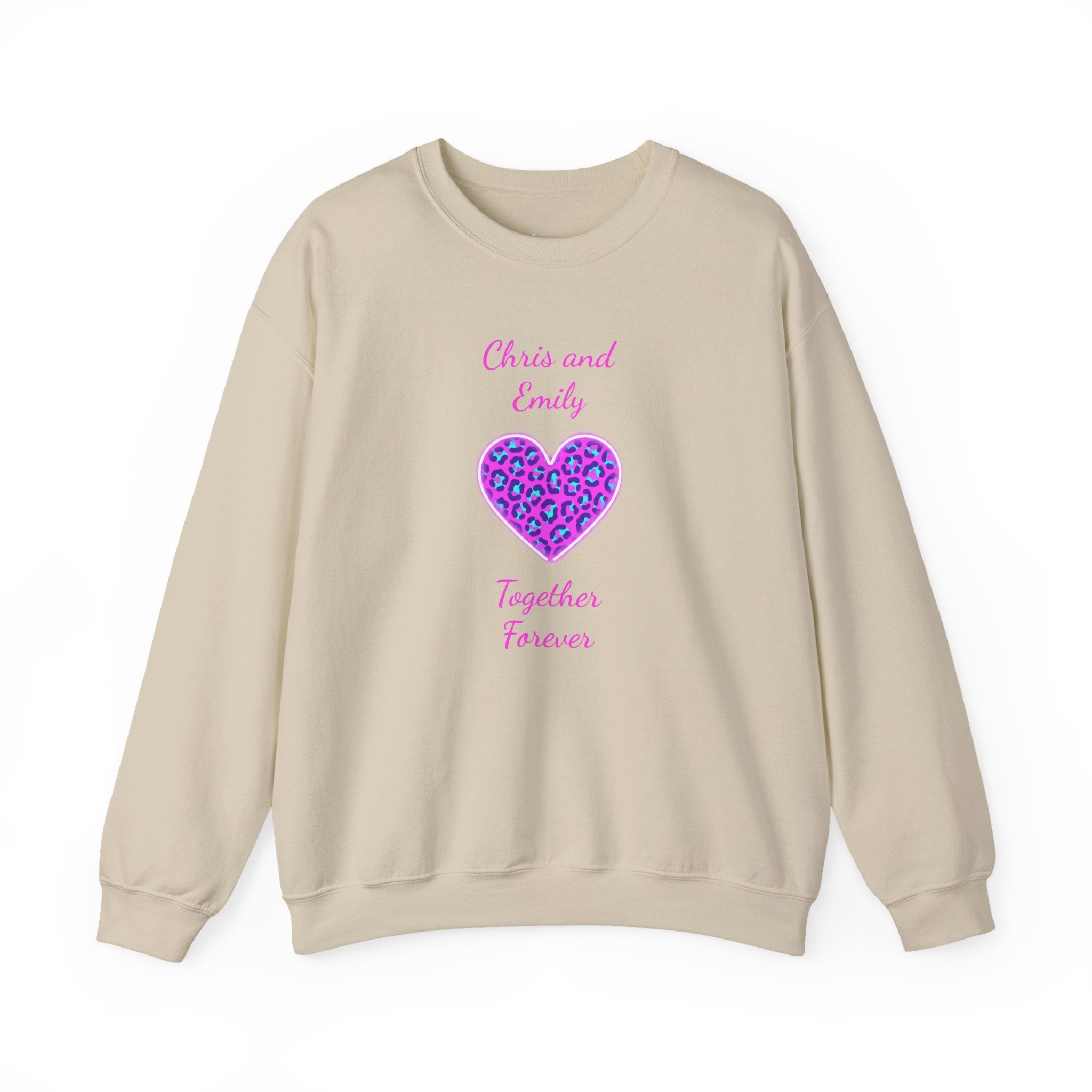 Crewneck Sweatshirt - Personalized Pink & Purple Leopard Heart - Two Customizable Text Boxes