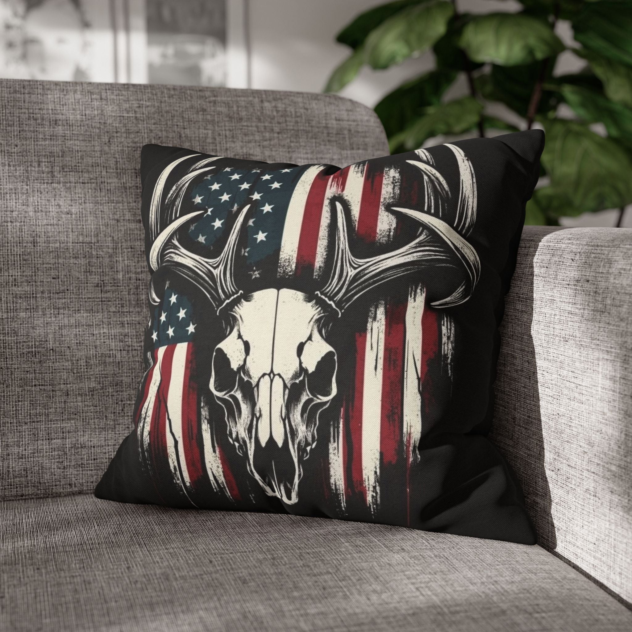 Deer Skull American Flag Throw Pillowcase — Patriotic Hunting Decor
