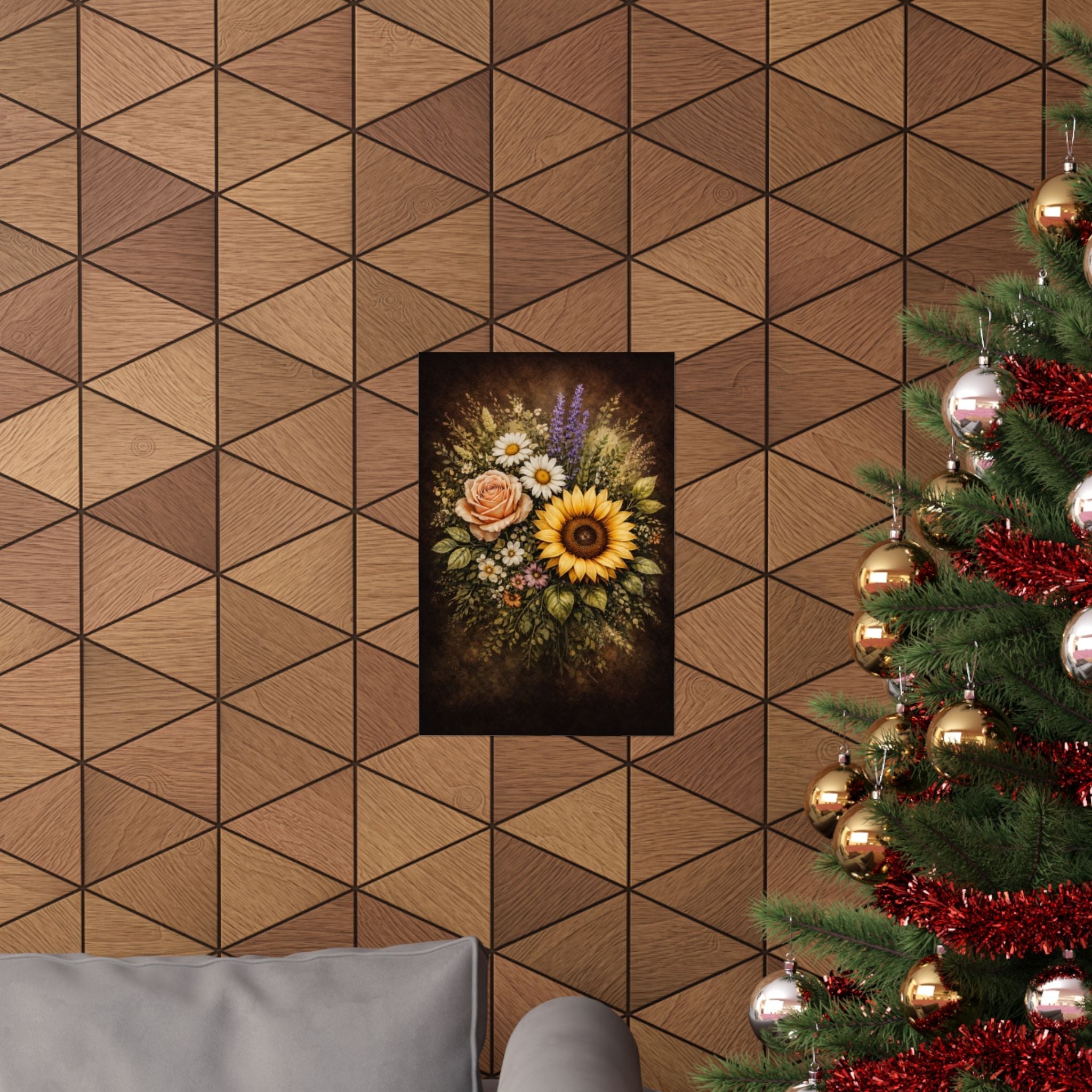 Sunflower & Roses Bouquet Poster — Matte Vertical Floral Wall Art