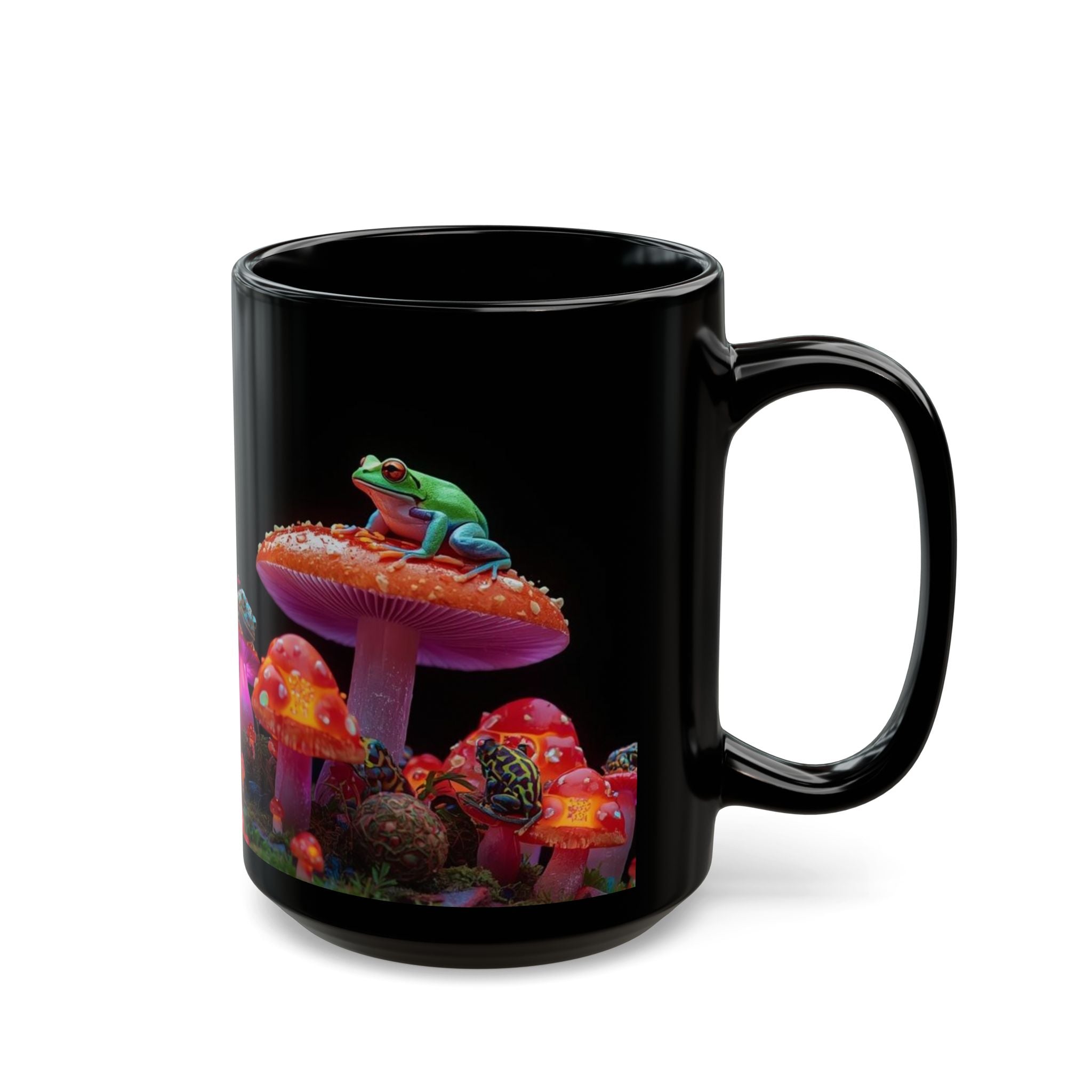 Psychedelic Mushroom & Frog Black Coffee Mug — Vibrant Fantasy 11oz/15oz