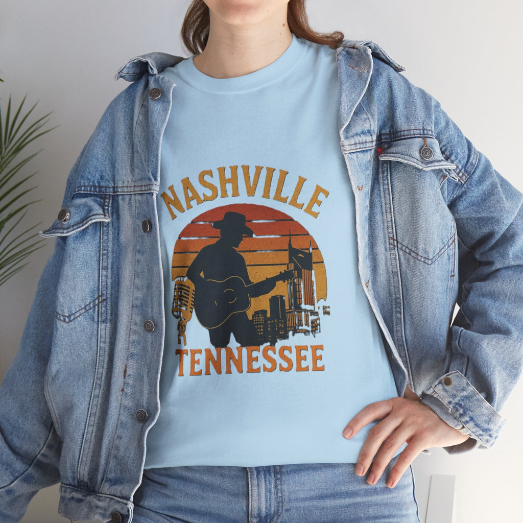 Nashville Tennessee Guitar Silhouette Tee — Retro Sunset Country Music T-Shirt