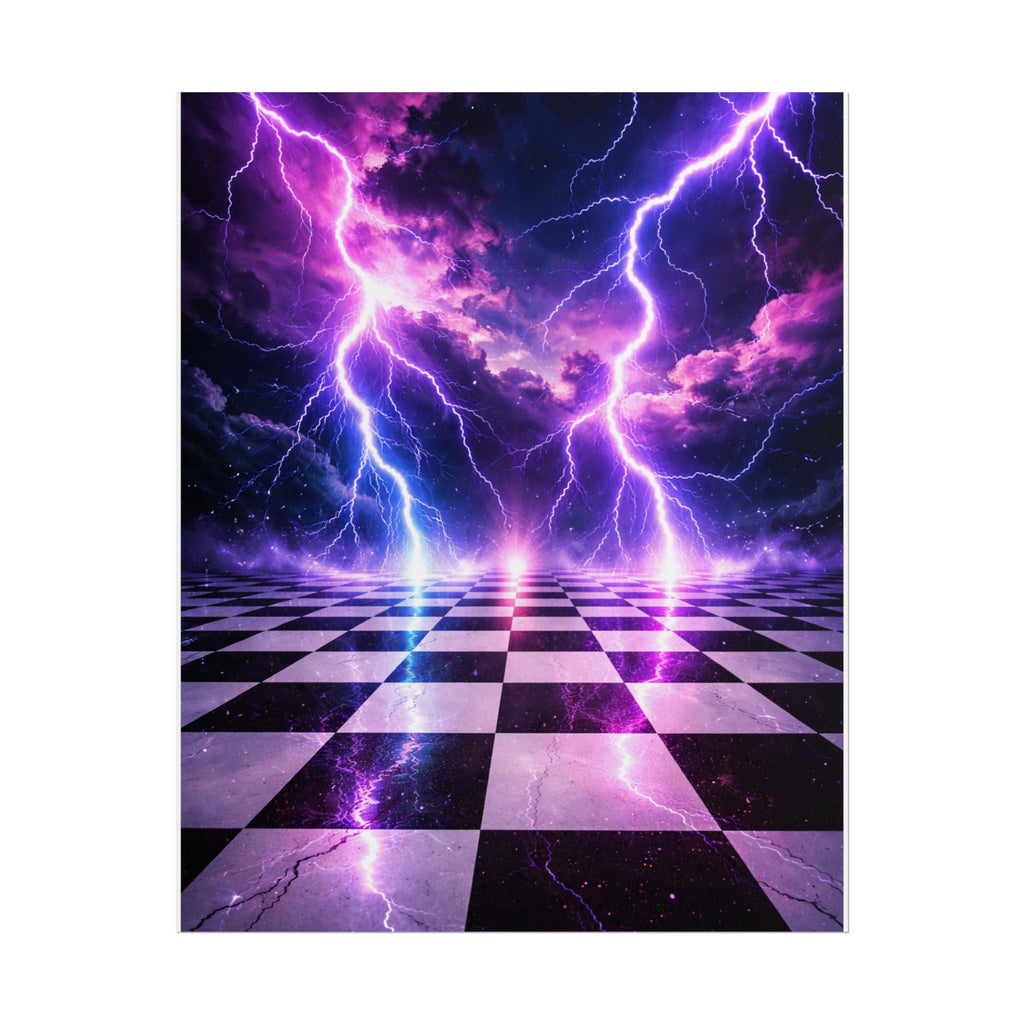 Rolled Poster — Neon Lightning Chessboard Wall Art (Purple Electric Vaporwave)