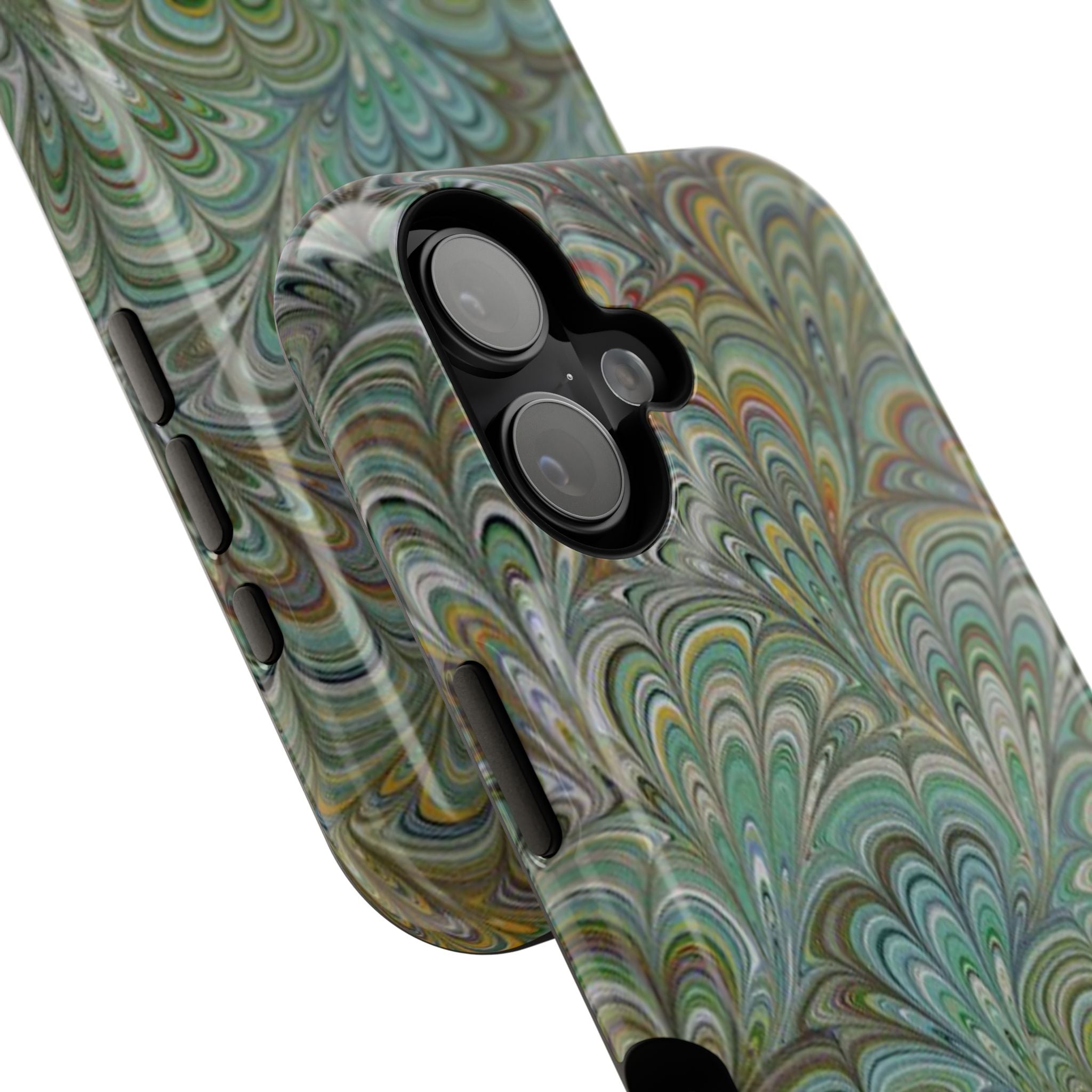 iPhone17 + All Models Phone Cases, Italian Peacock Feather Design, Stylish Impact-Resistant Shell, Protective Cover, Green Peacock Print