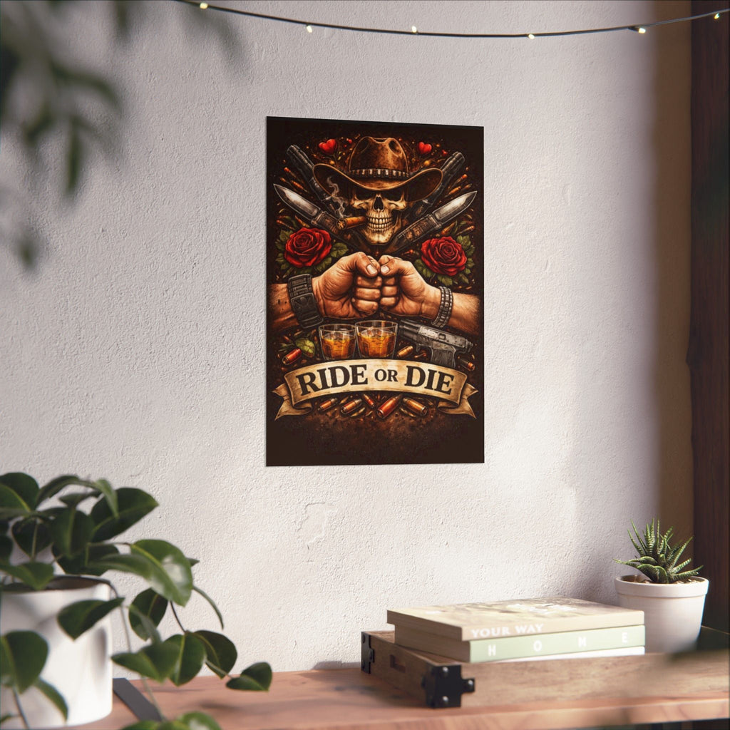 Ride or Die Skull Poster — Cowboy Skull, Fist Bump Motorcycle Bar Art