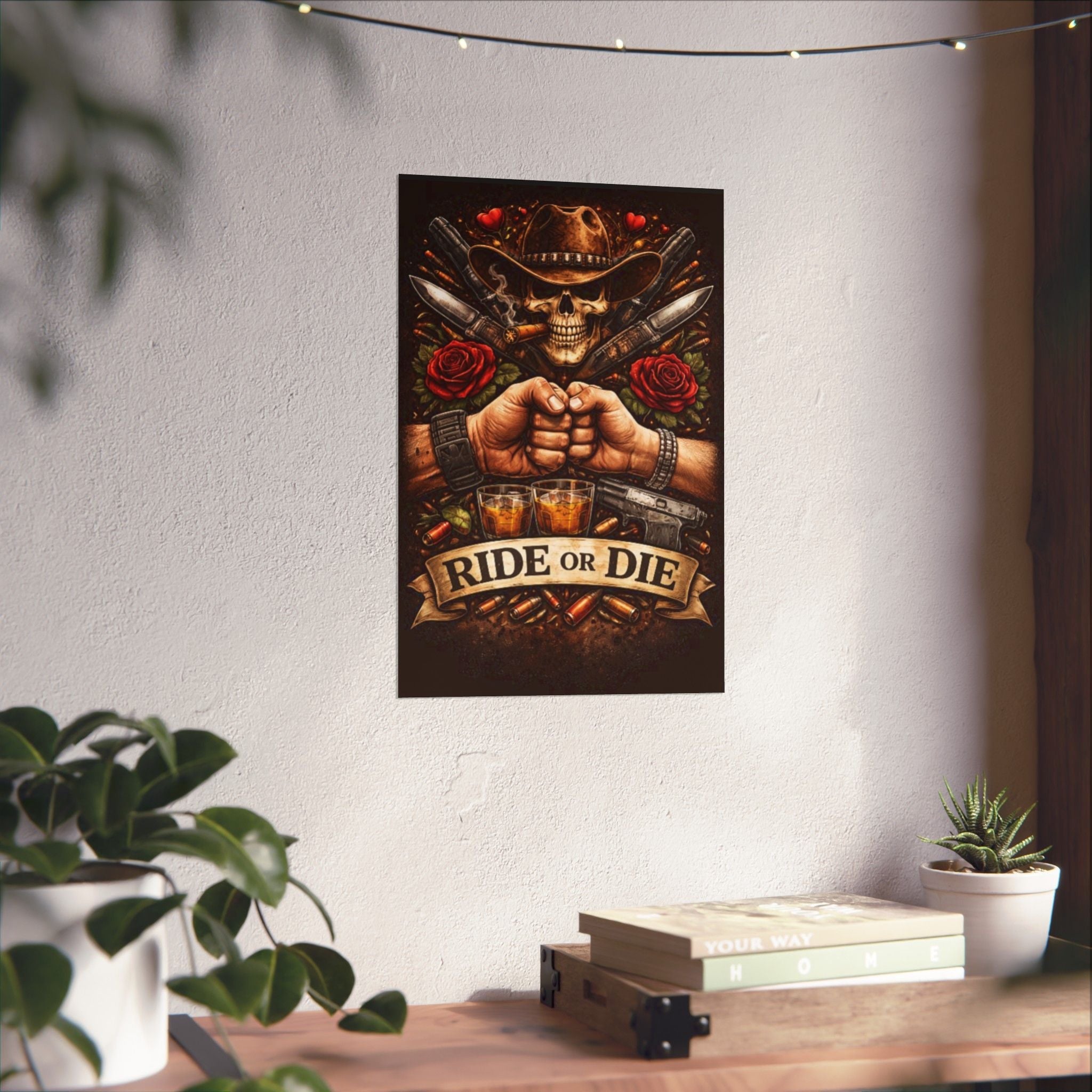 Ride or Die Skull Poster — Cowboy Skull, Fist Bump Motorcycle Bar Art