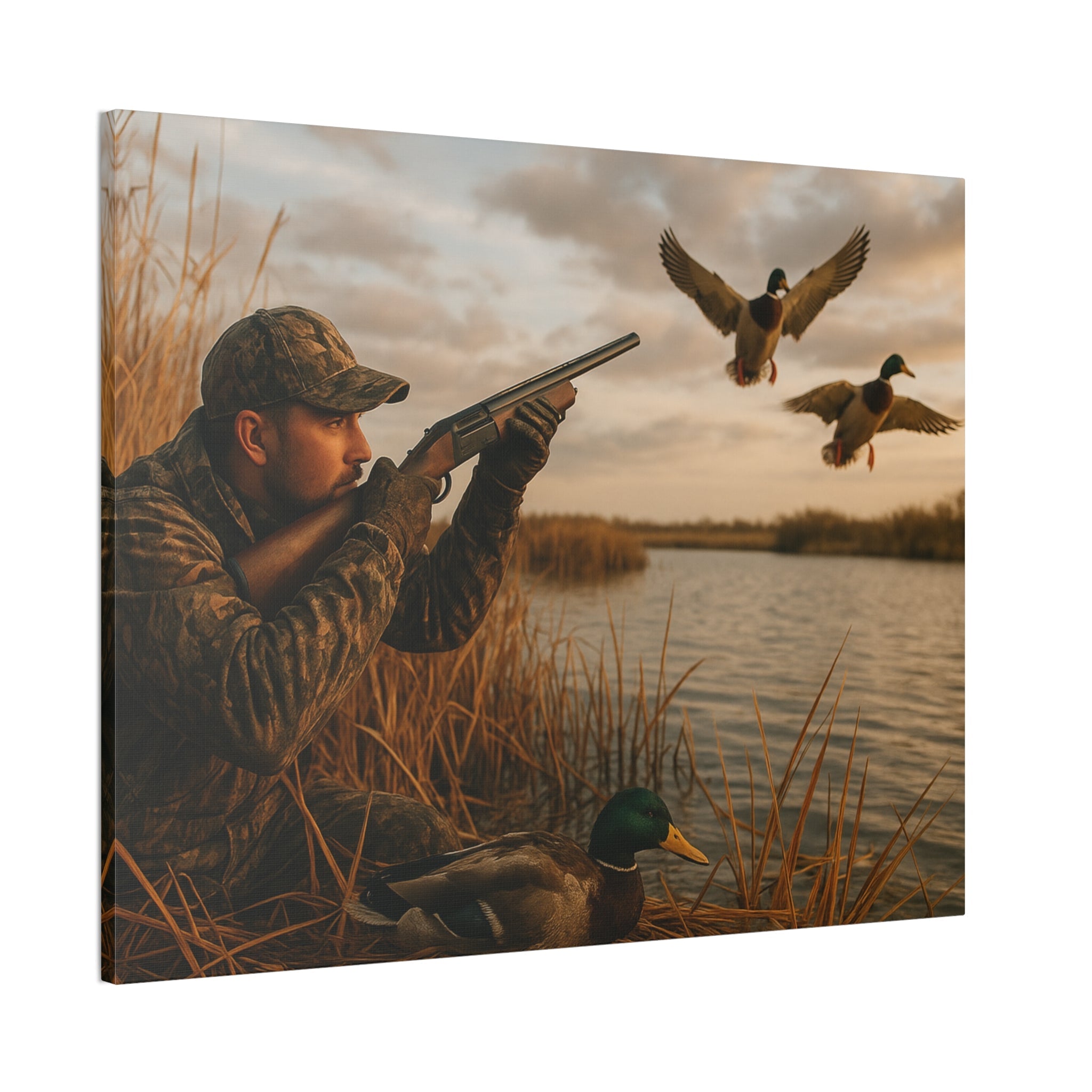 Duck Hunting Canvas Print — Waterfowl Blind Scene Stretched Wall Art