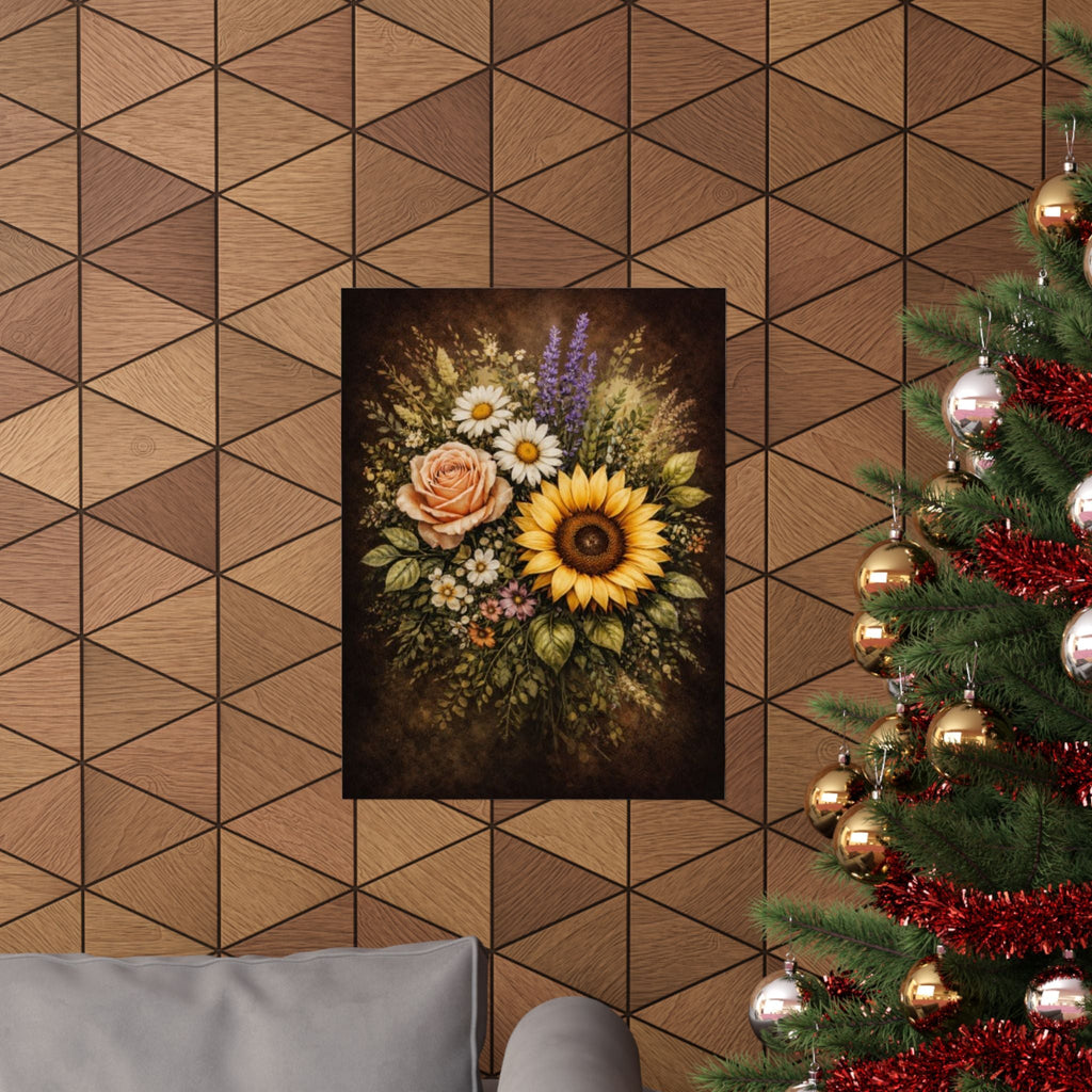 Sunflower & Roses Bouquet Poster — Matte Vertical Floral Wall Art