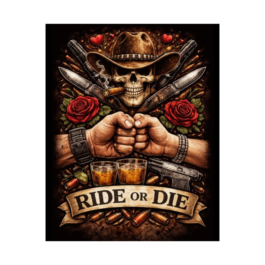 Ride or Die Skull Poster — Cowboy Skull, Fist Bump Motorcycle Bar Art