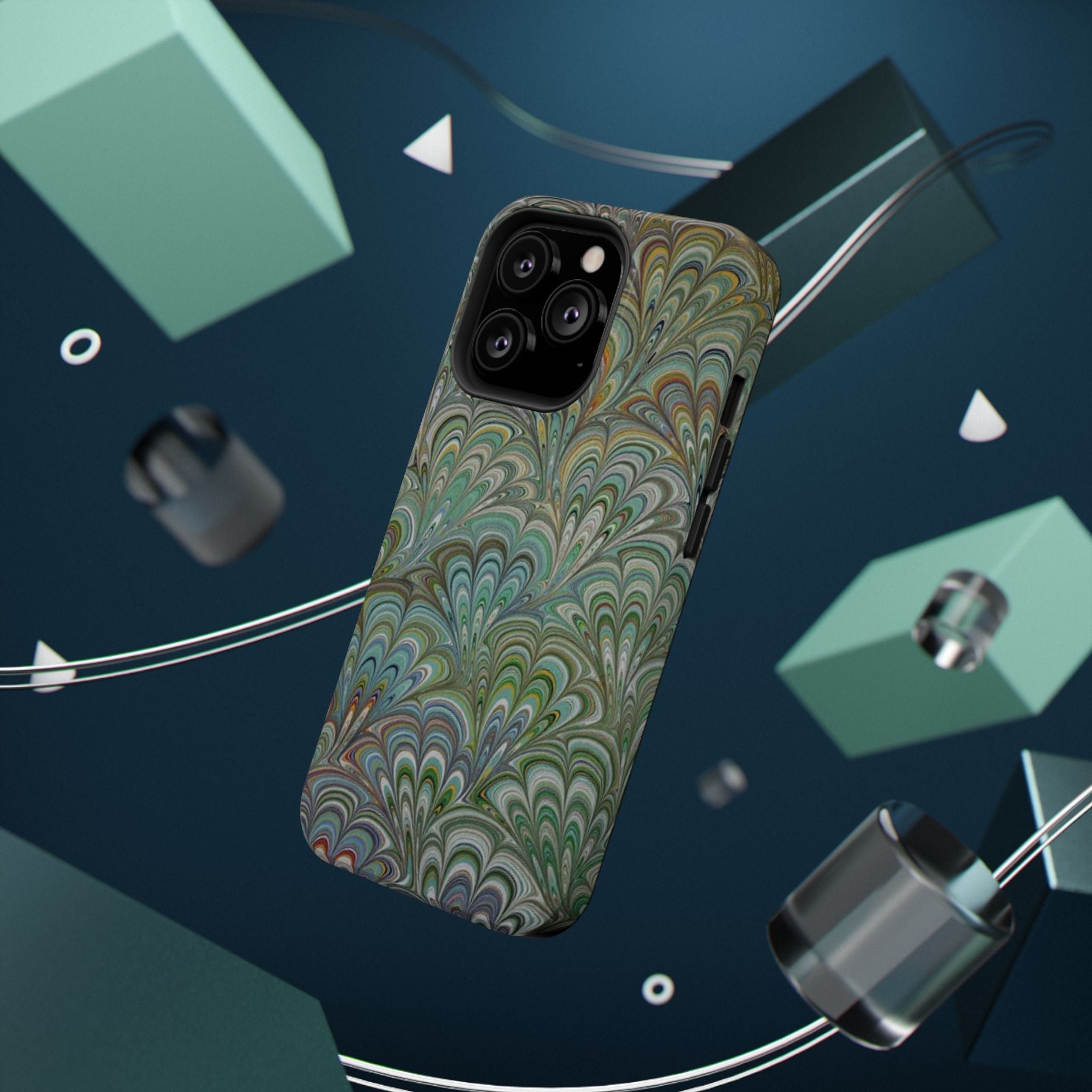 iPhone17 + All Models Phone Cases, Italian Peacock Feather Design, Stylish Impact-Resistant Shell, Protective Cover, Green Peacock Print