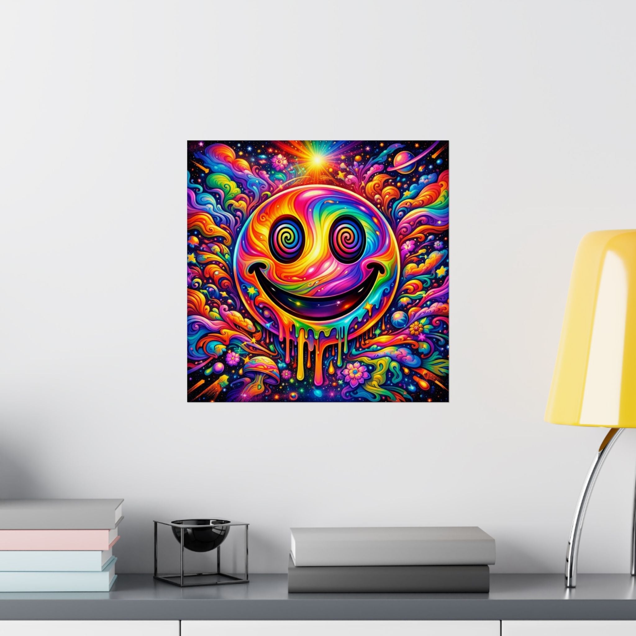Psychedelic Drippy Smiley Matte Poster — Vibrant Rainbow Wall Art