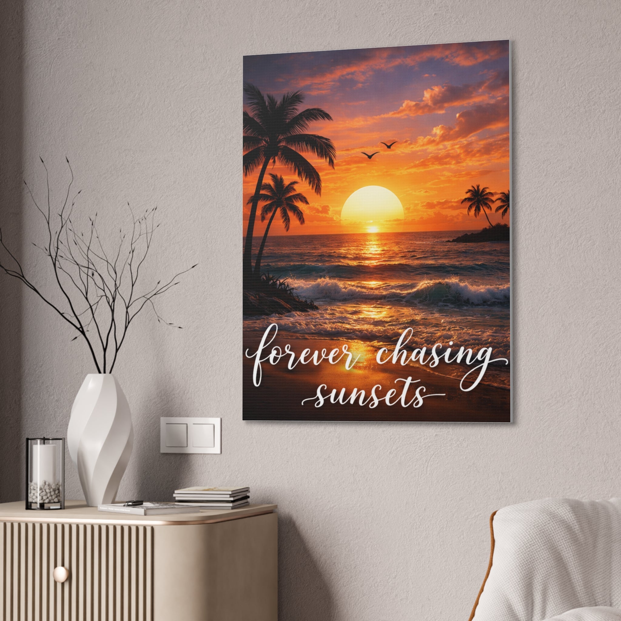 Sunset Beach Canvas Wall Art — Tropical Palm Ocean Sunset Stretched Canvas