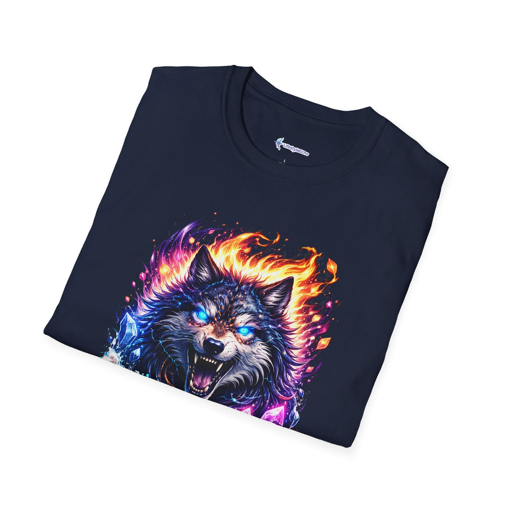 Cosmic Fire Wolf T-Shirt — Vibrant Mystic Wolf Graphic Tee