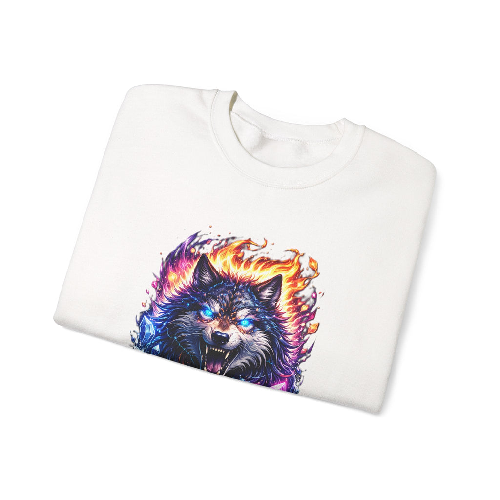 Cosmic Wolf Crewneck Sweatshirt — Neon Fire & Ice Wolf Graphic