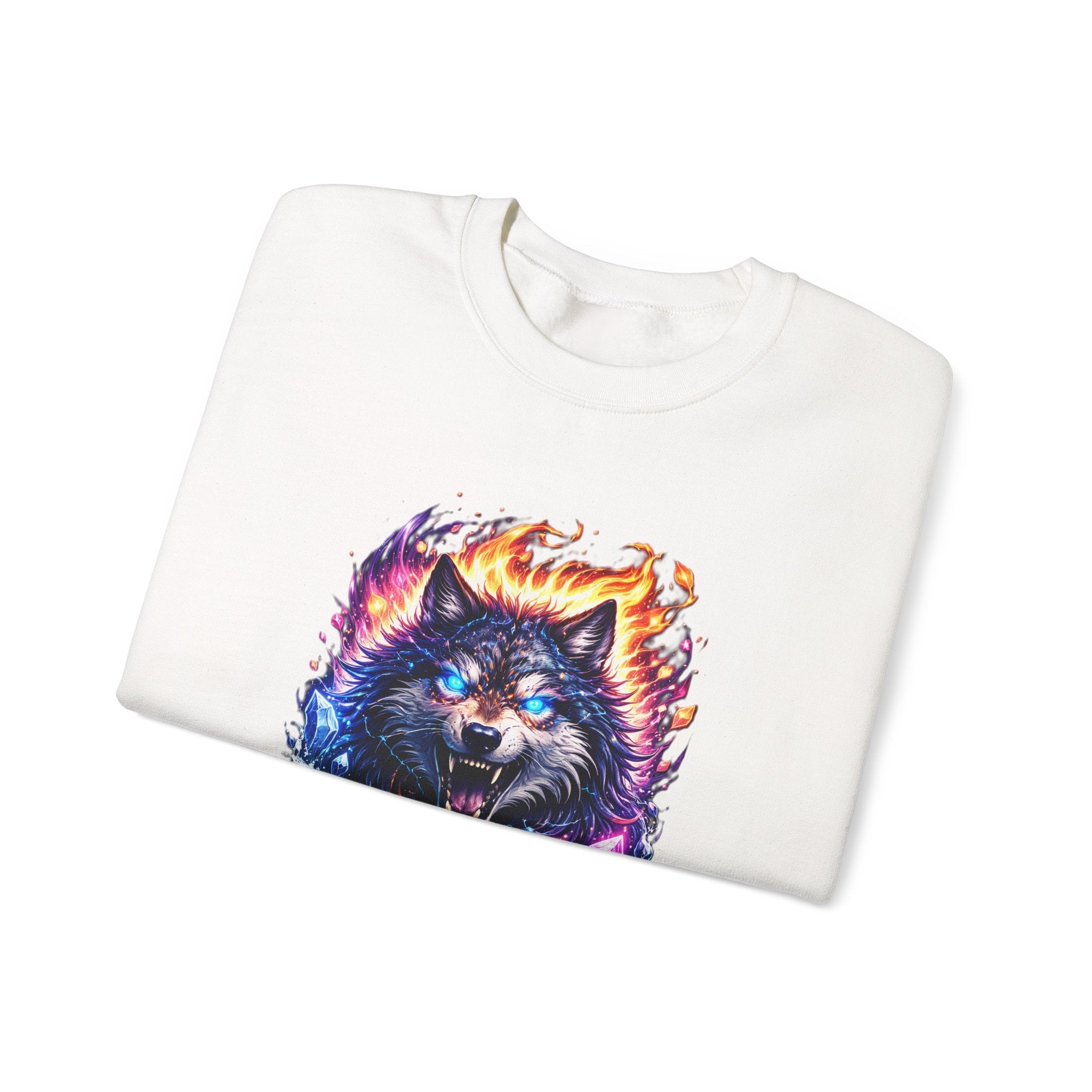 Cosmic Wolf Crewneck Sweatshirt — Neon Fire & Ice Wolf Graphic