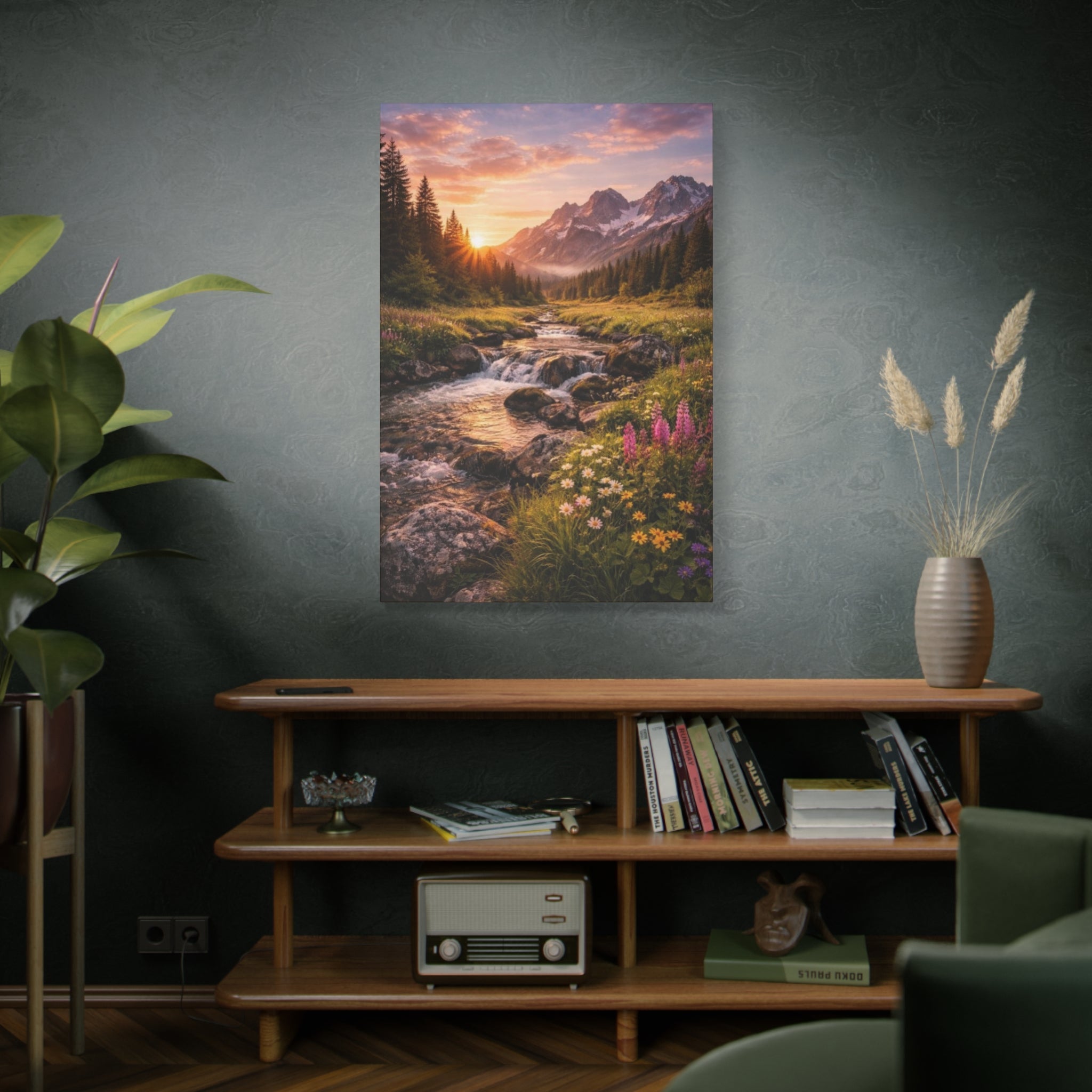 Mountain Sunrise Canvas Print — River Valley Landscape Matte Stretched Wall Art