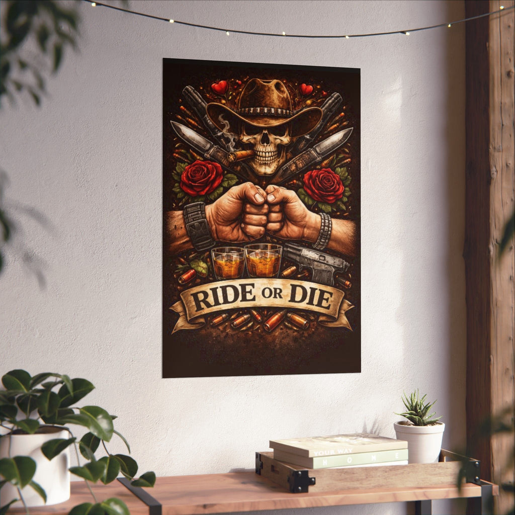Ride or Die Skull Poster — Cowboy Skull, Fist Bump Motorcycle Bar Art