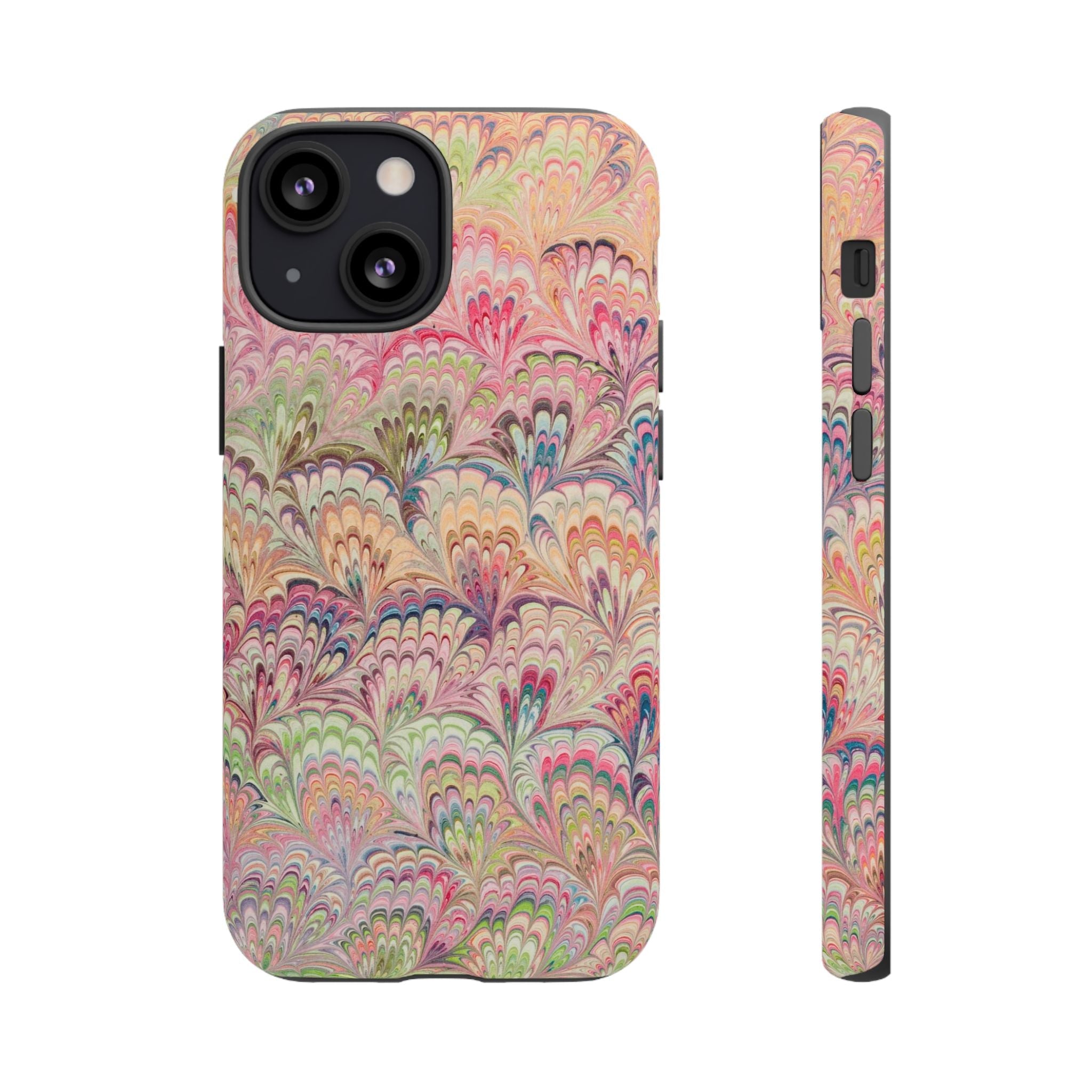 Pastel Pink + Green Feather Marbled Phone Case - Dual Layer Phone Cover
