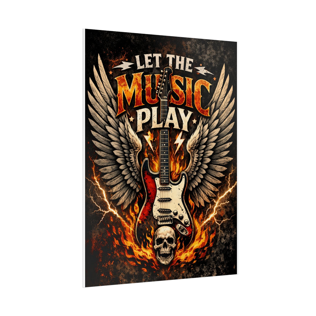 Let The Music Play Guitar Poster - Rock Skull Wings Rolled Poster