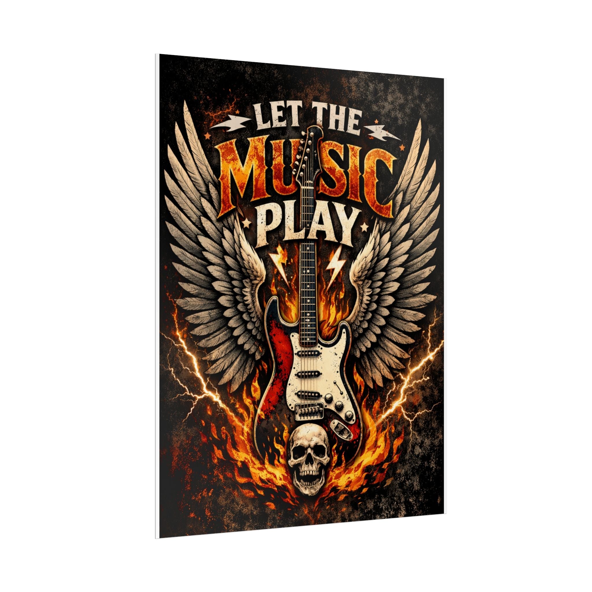 Let The Music Play Guitar Poster - Rock Skull Wings Rolled Poster