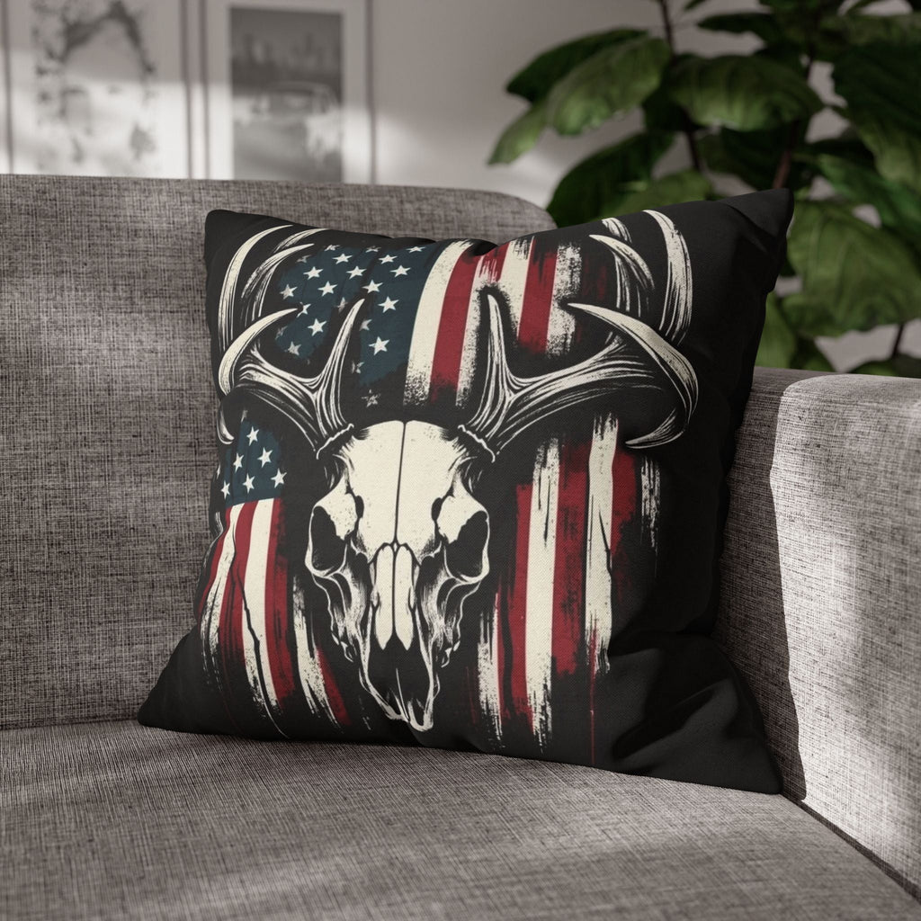 Deer Skull American Flag Throw Pillowcase — Patriotic Hunting Decor