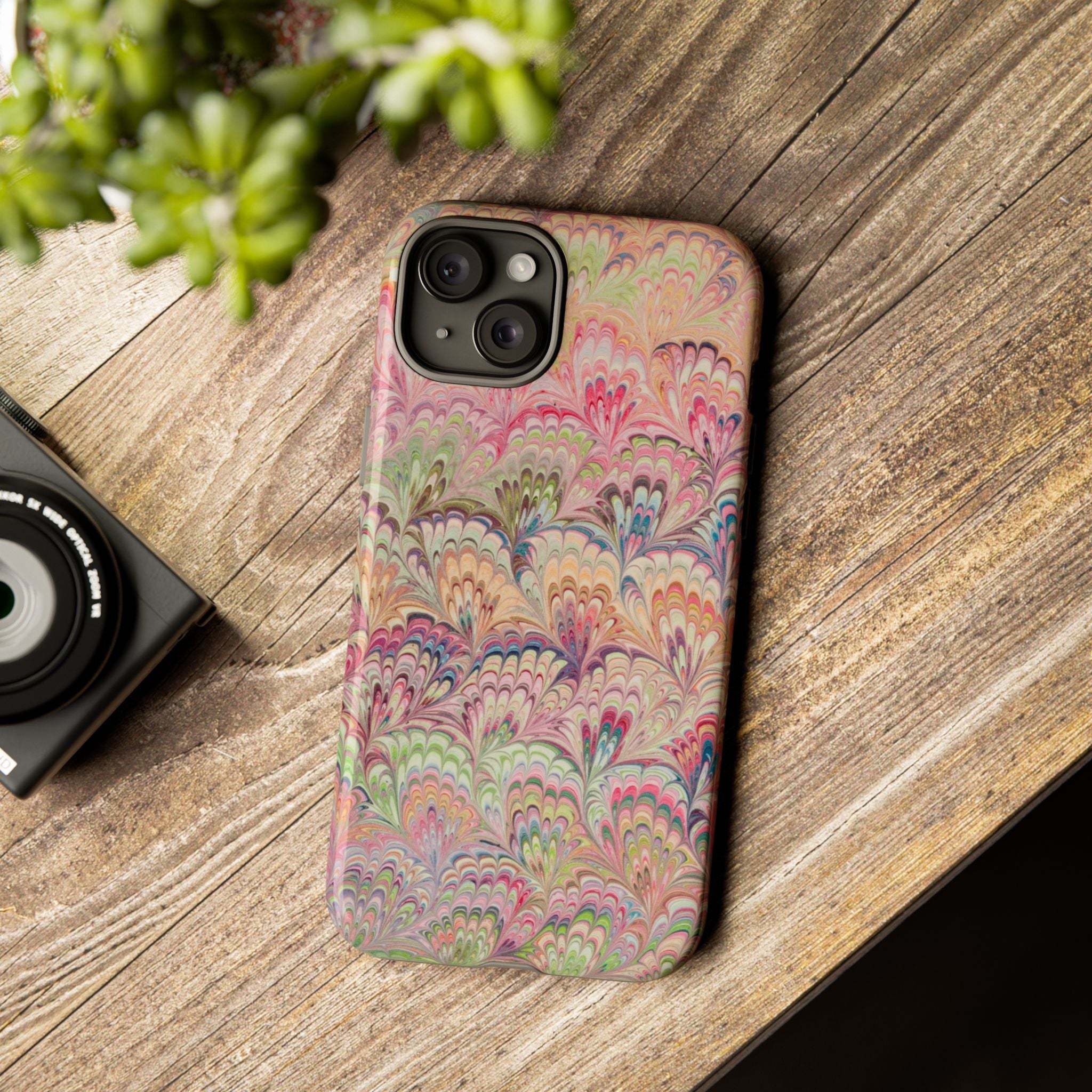 Pastel Pink + Green Feather Marbled Phone Case - Dual Layer Phone Cover