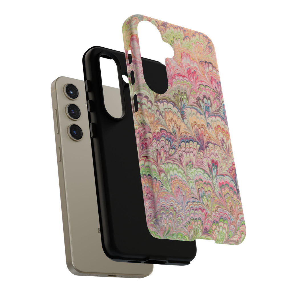 Pastel Pink + Green Feather Marbled Phone Case - Dual Layer Phone Cover