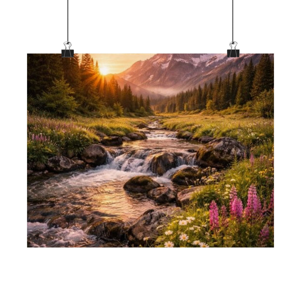 Satin Poster – Golden Mountain Stream Landscape Sunset Print