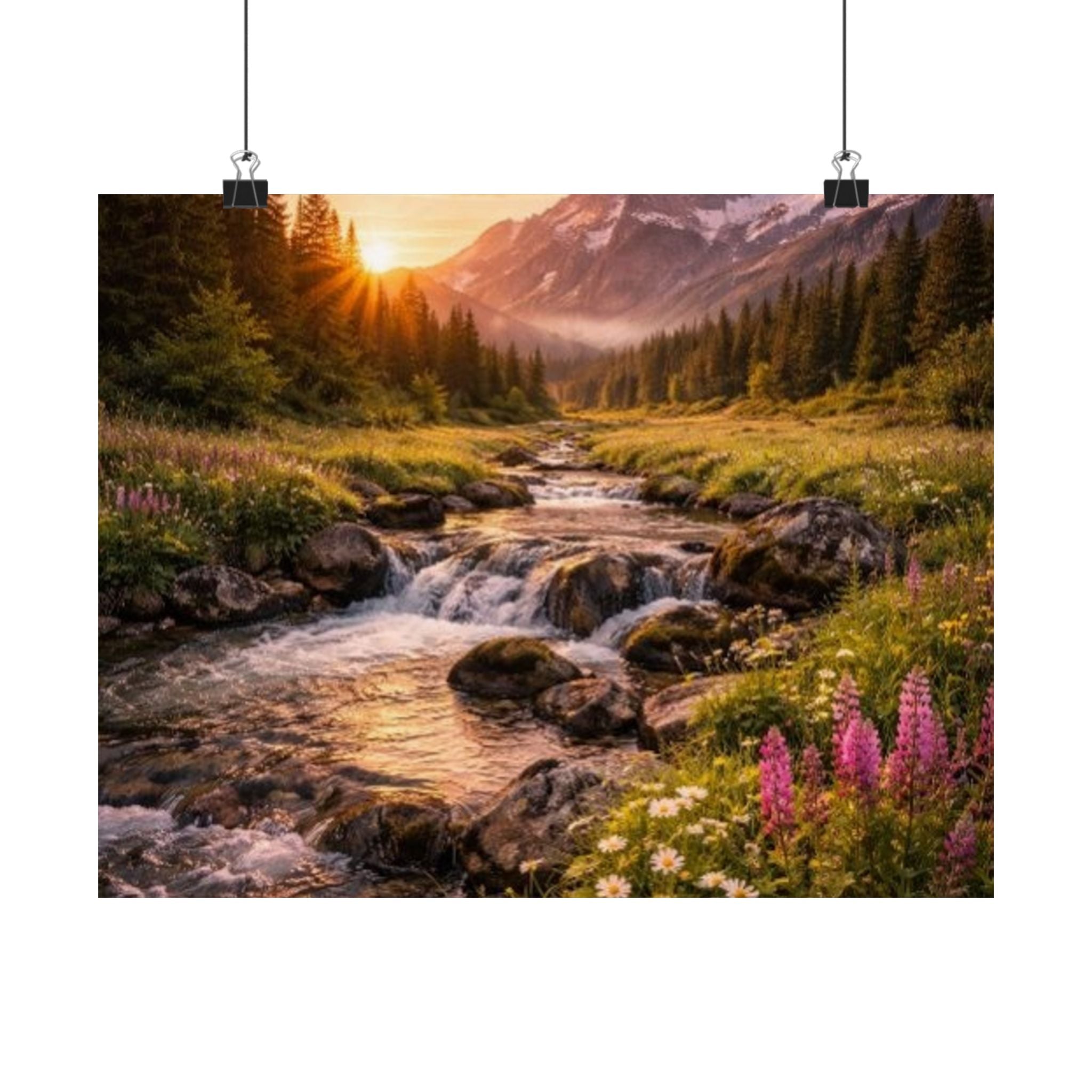 Satin Poster – Golden Mountain Stream Landscape Sunset Print