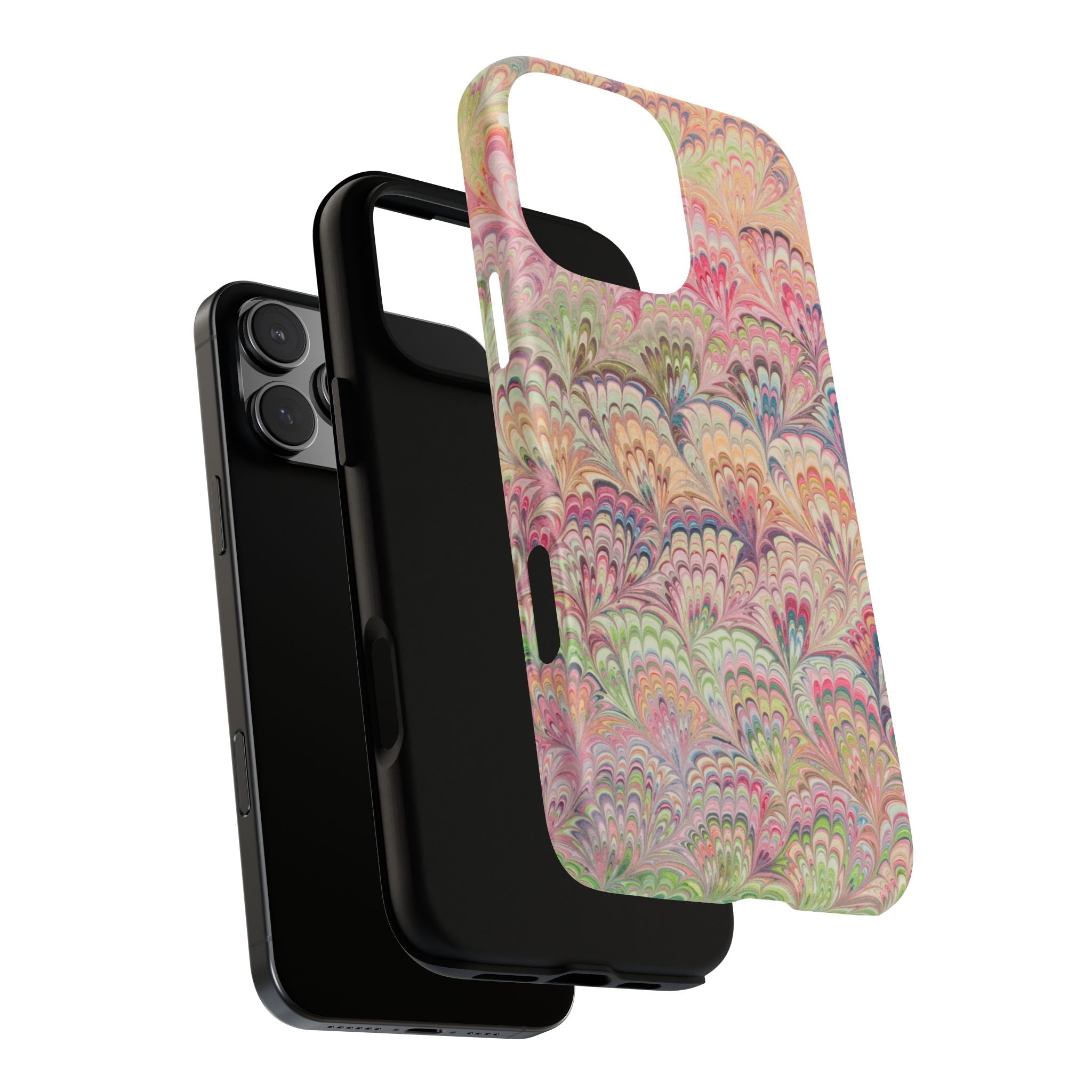 Pastel Pink + Green Feather Marbled Phone Case - Dual Layer Phone Cover