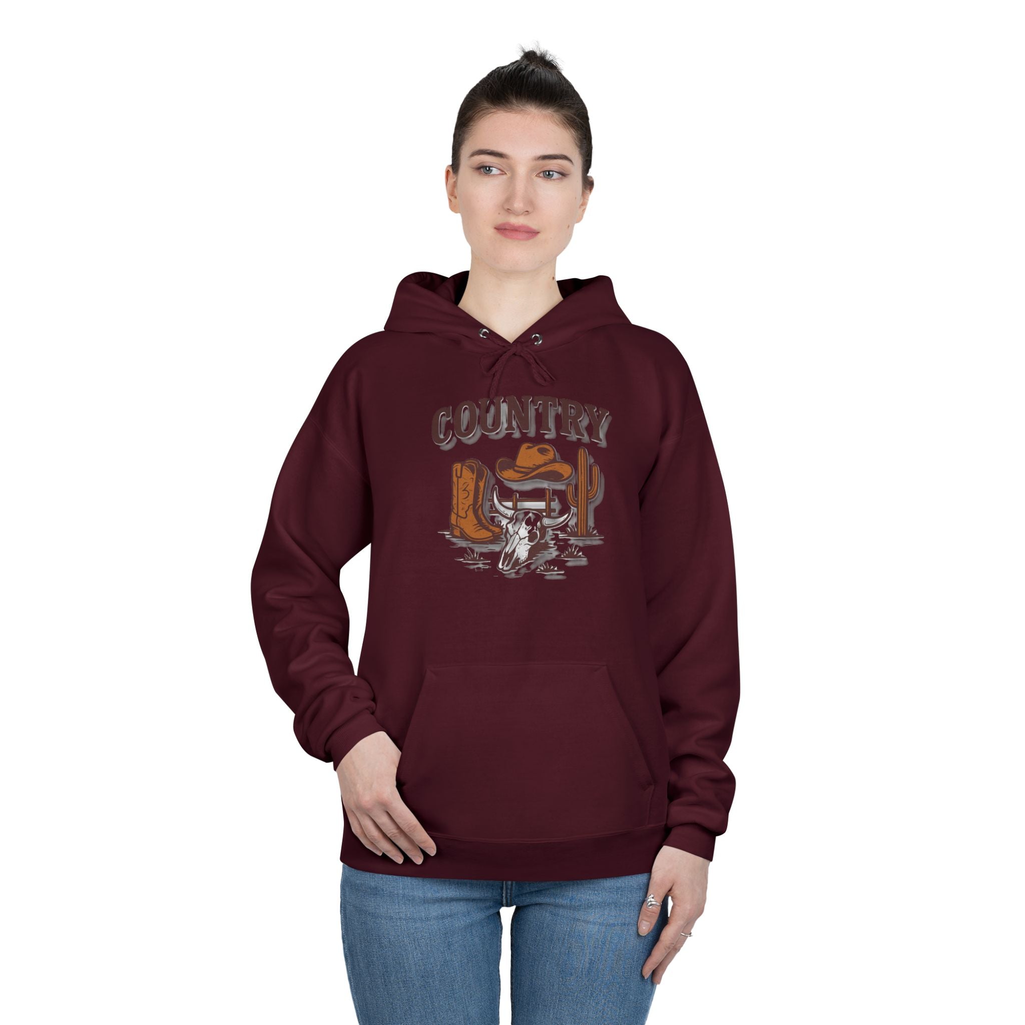 Country Western Hoodie — Cowboy Boots, Hat & Cactus Pullover