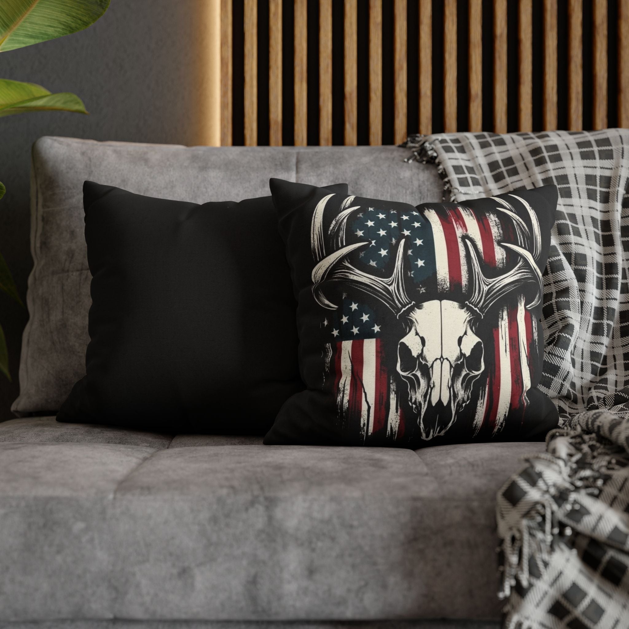 Deer Skull American Flag Throw Pillowcase — Patriotic Hunting Decor