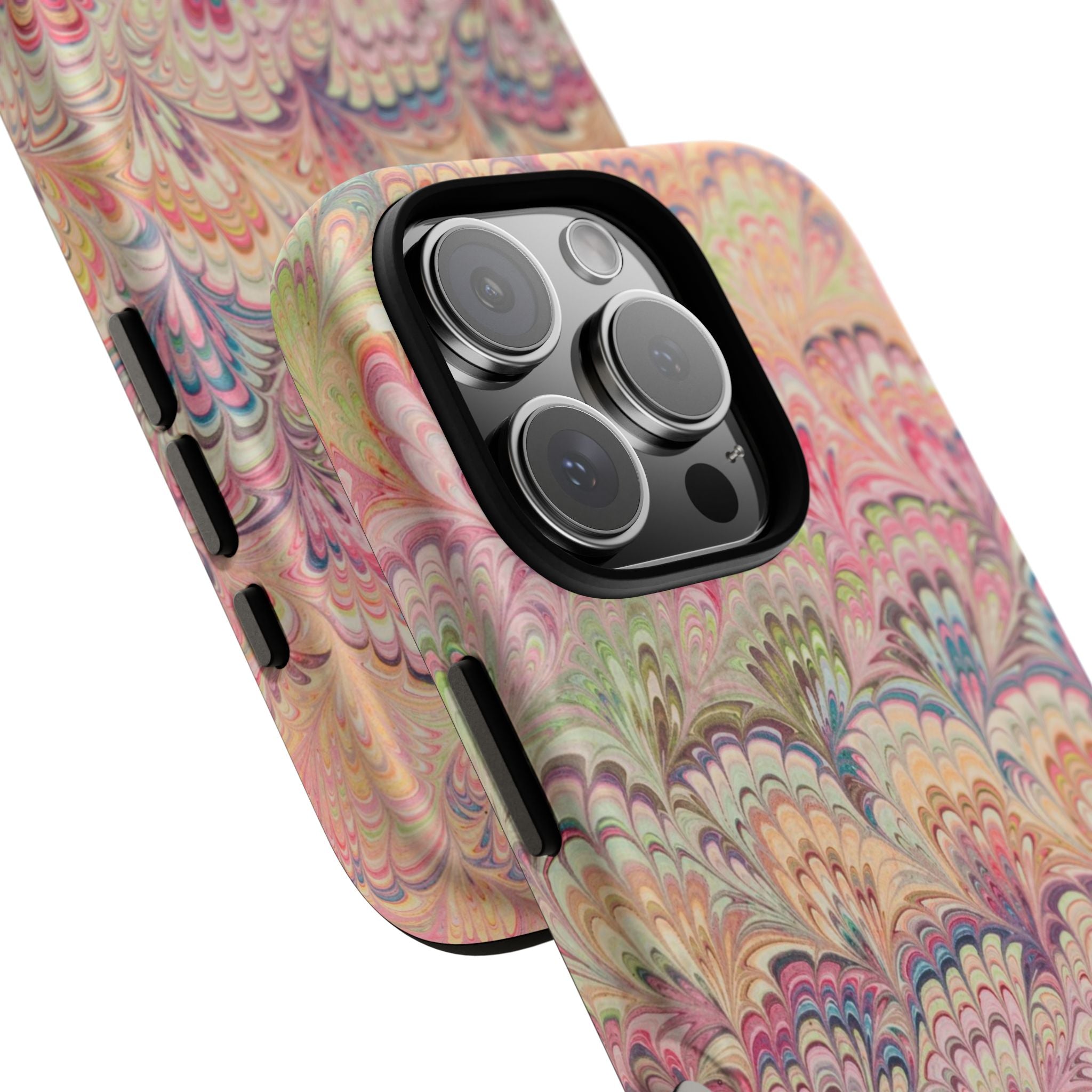 Pastel Pink + Green Feather Marbled Phone Case - Dual Layer Phone Cover