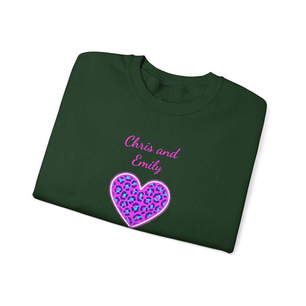 Crewneck Sweatshirt - Personalized Pink & Purple Leopard Heart - Two Customizable Text Boxes