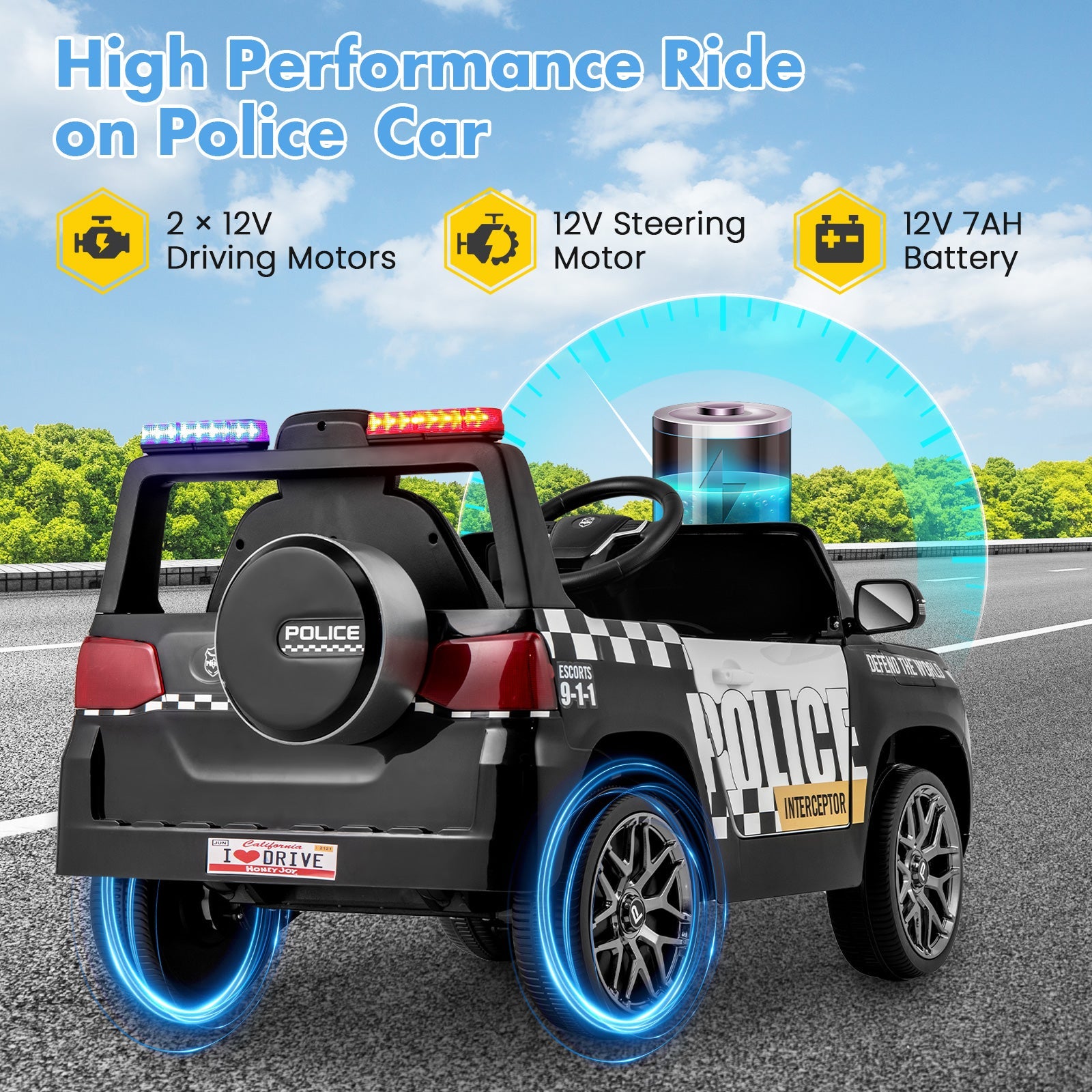 12V Kids Ride on Police Car with Remote and Siren Flashing Lights-Black