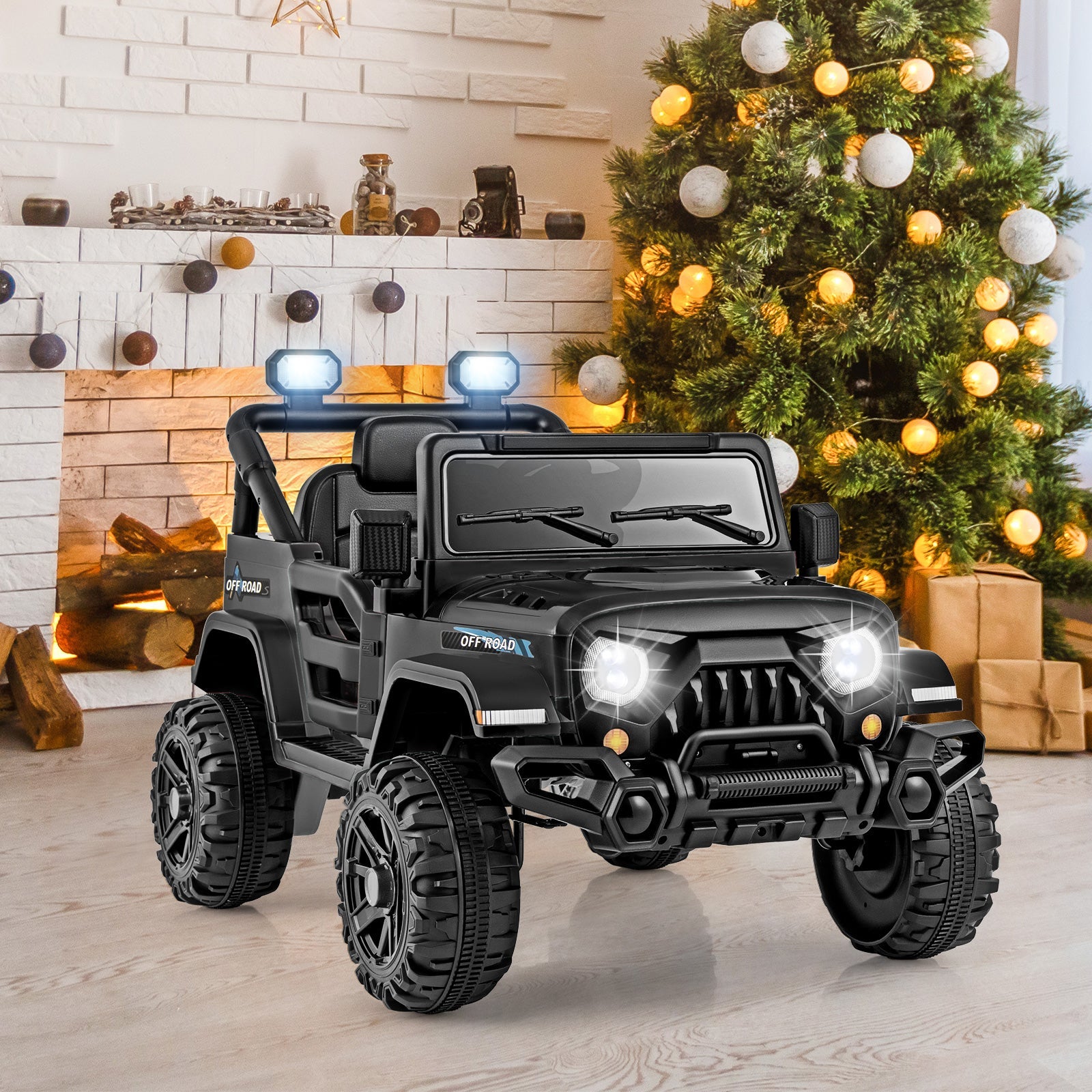 12V Kids Ride on Truck Car with Remote Control Threaded Wheels and 3 Speeds-Black