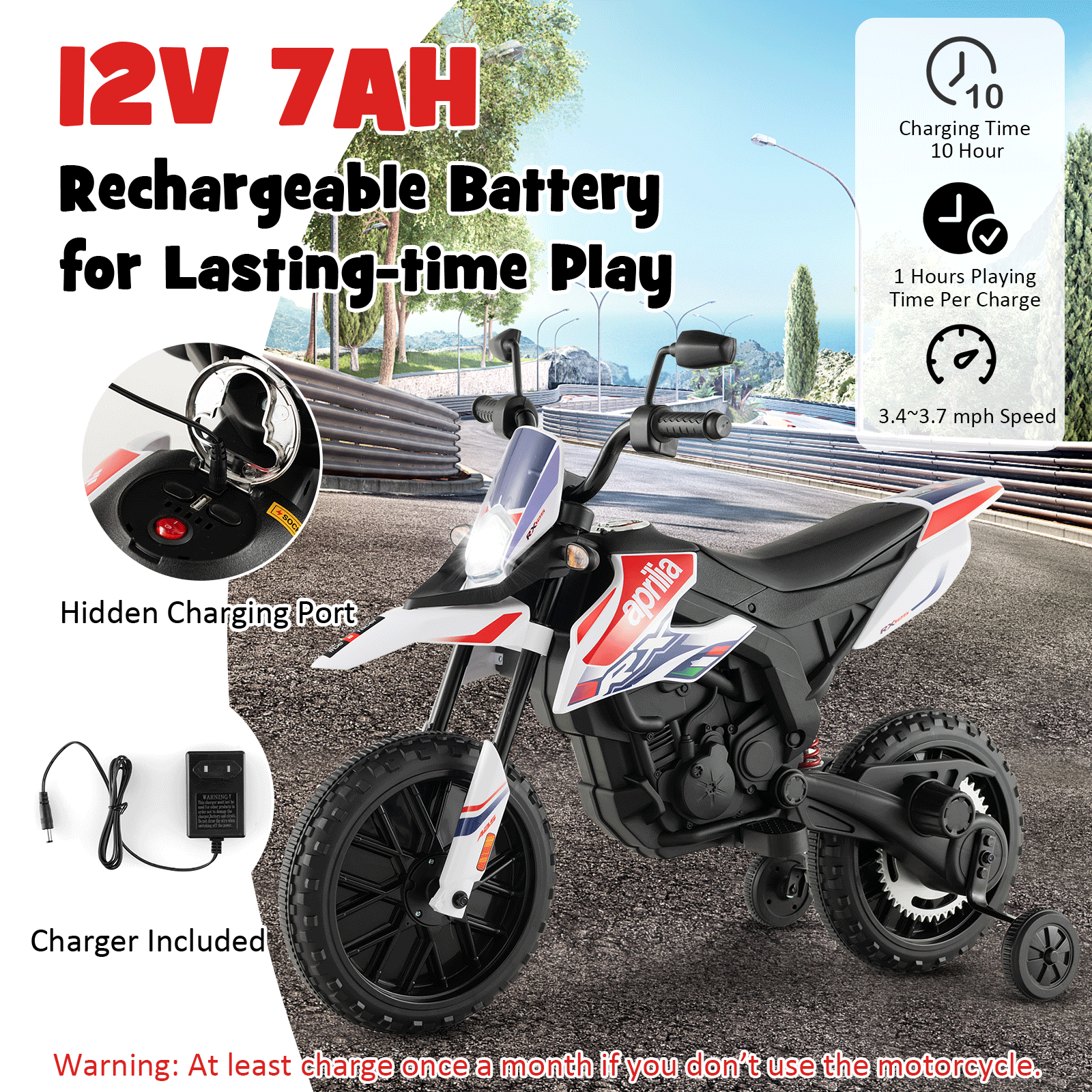 Aprilia Licensed Kids Ride On Motorcycle with 2 Training Wheels-White