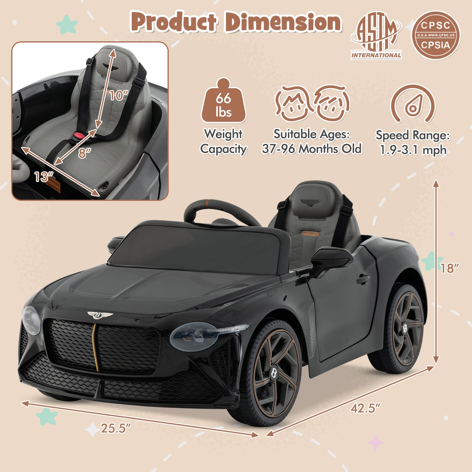 12V Powered Car Kids Ride-on Racer Car Licensed Bentley Bacalar-Black