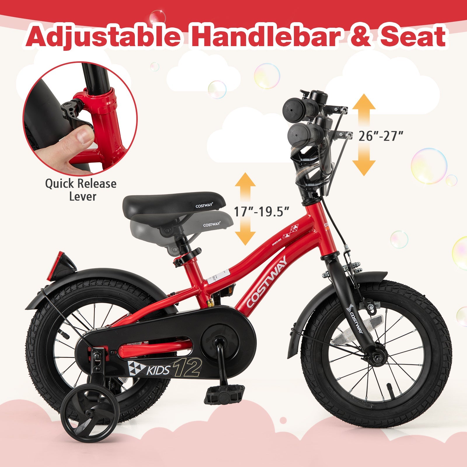 12 Inch Kids Bike Adjustable Bicycle with Reflectors and Bell for 3-4 Years Old