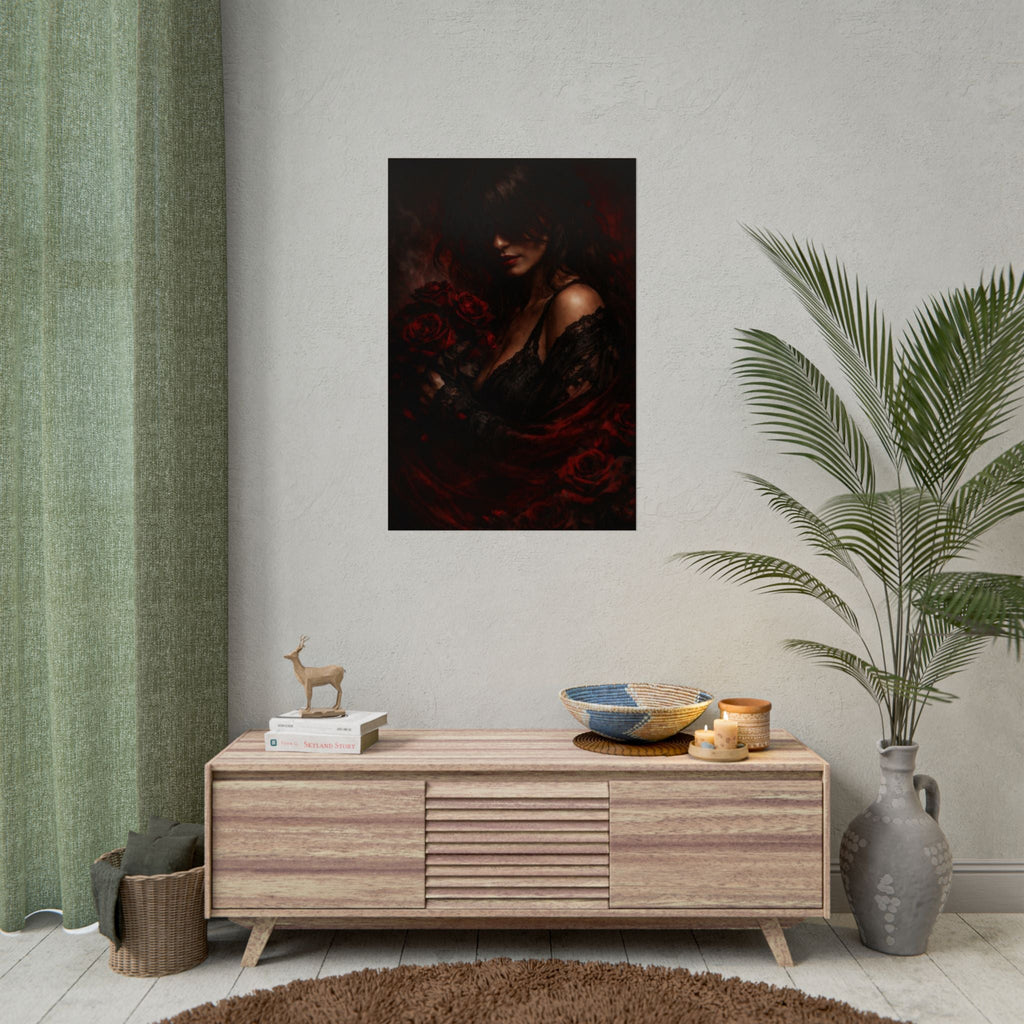 Dark Romantic Art Poster — Gothic Woman with Red Roses, Moody Wall Art