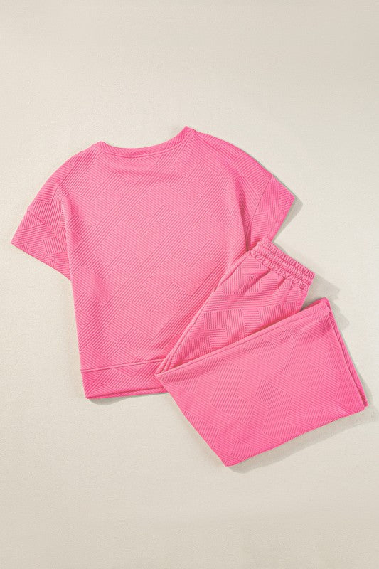 Solid Textured T-Shirt and Drawstring Pants Set