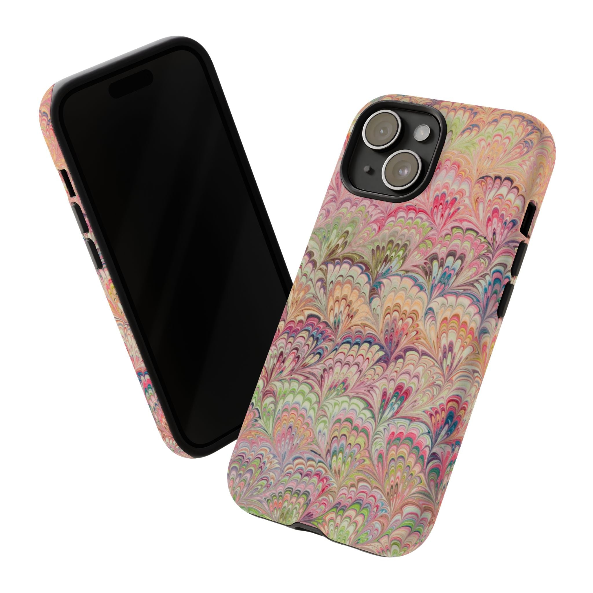 Pastel Pink + Green Feather Marbled Phone Case - Dual Layer Phone Cover