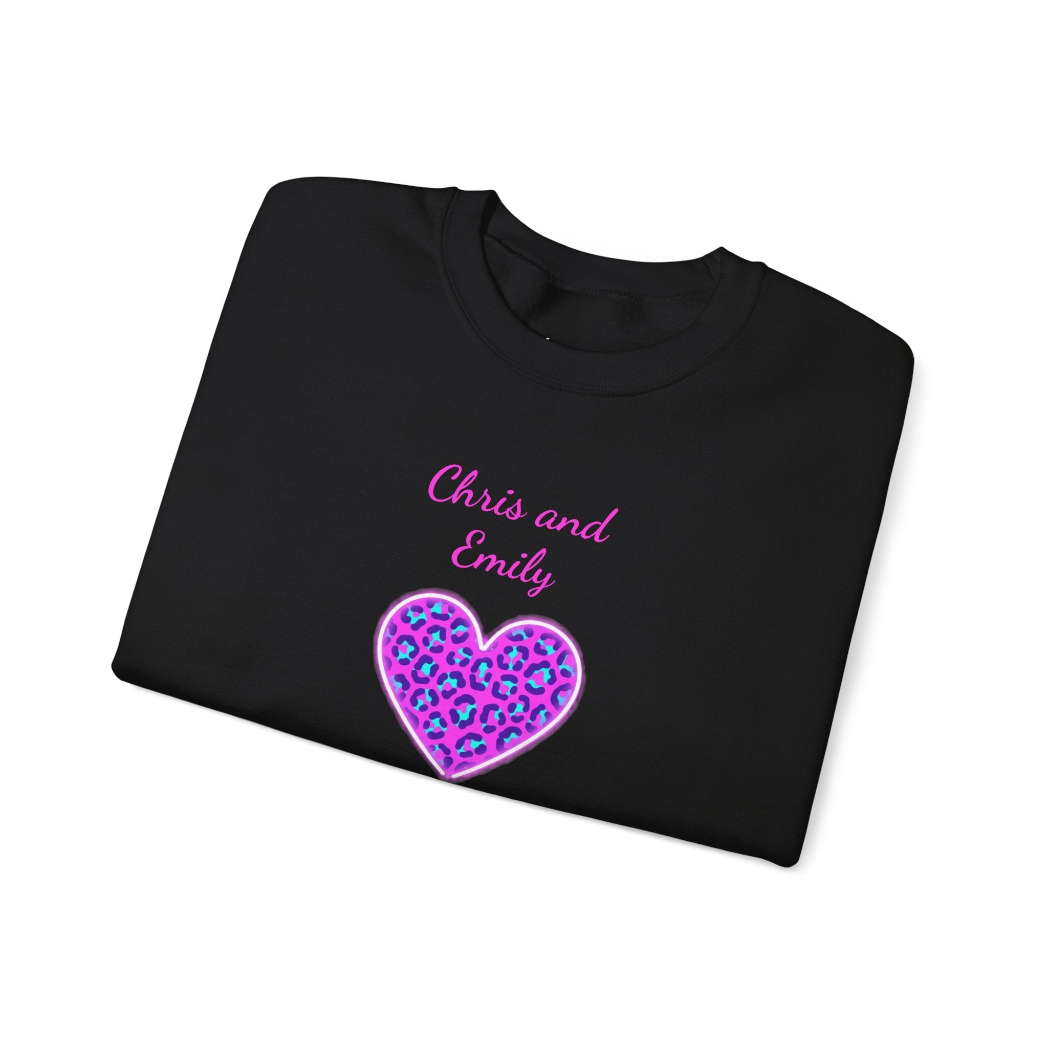 Crewneck Sweatshirt - Personalized Pink & Purple Leopard Heart - Two Customizable Text Boxes