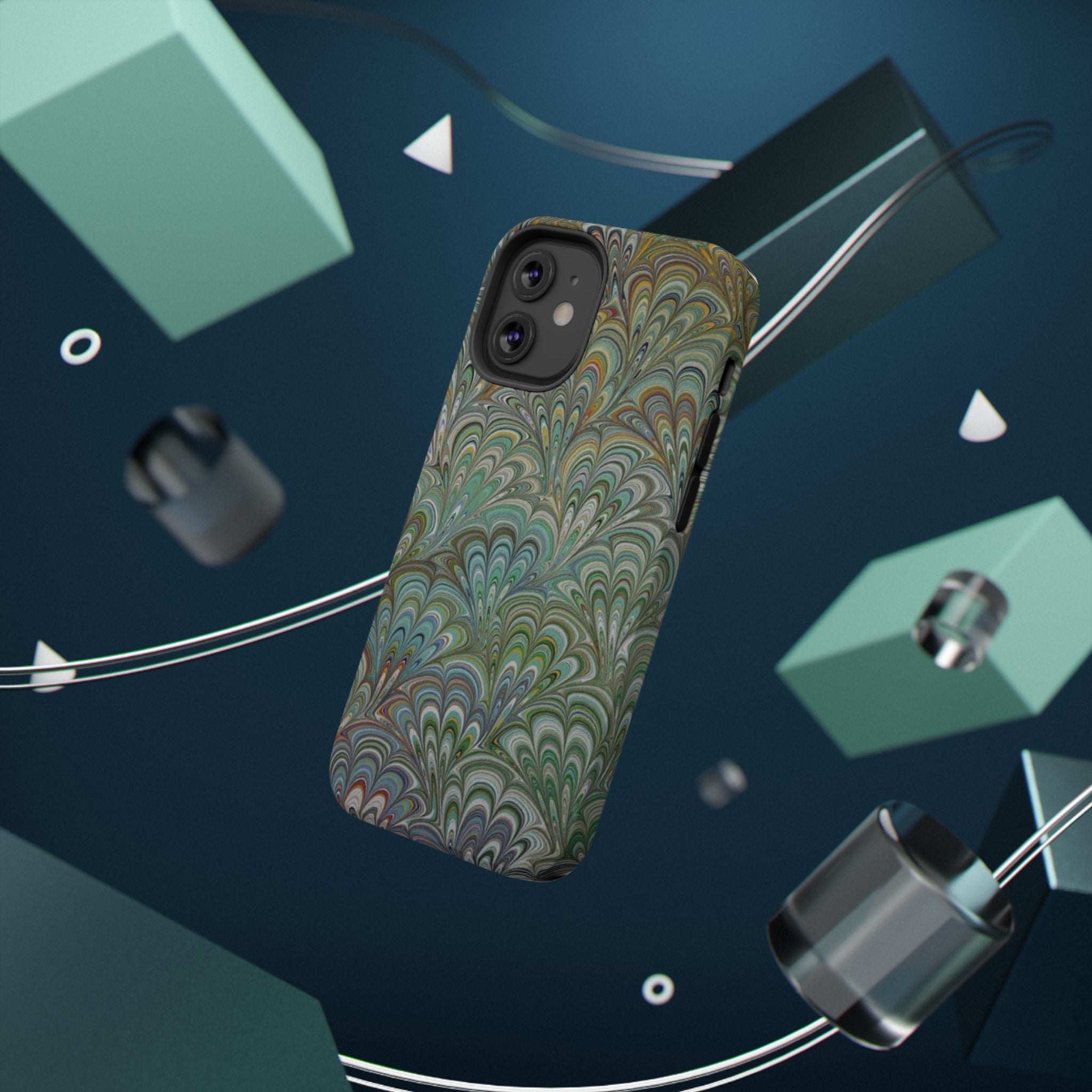 iPhone17 + All Models Phone Cases, Italian Peacock Feather Design, Stylish Impact-Resistant Shell, Protective Cover, Green Peacock Print