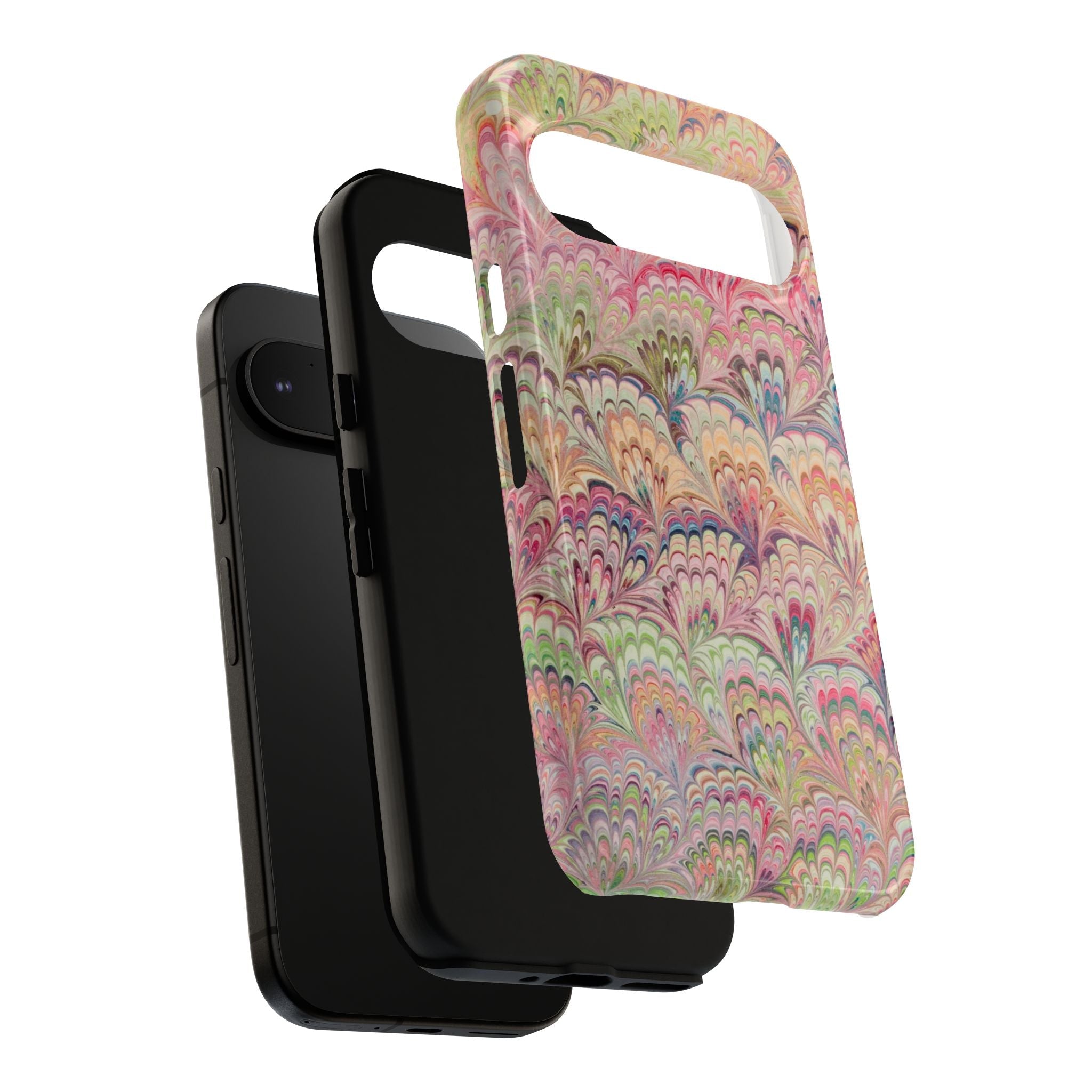 Pastel Pink + Green Feather Marbled Phone Case - Dual Layer Phone Cover