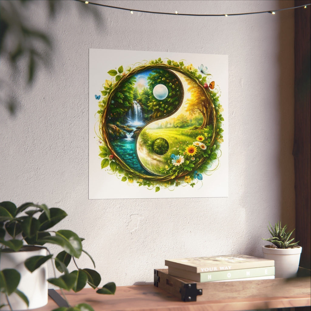 Yin Yang Nature Poster — Scenic Waterfall & Meadow Matte Vertical Print