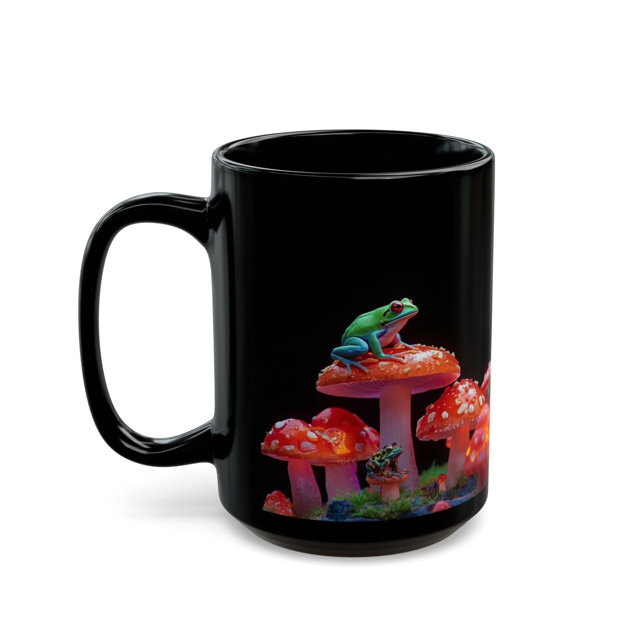 Psychedelic Mushroom & Frog Black Coffee Mug — Vibrant Fantasy 11oz/15oz