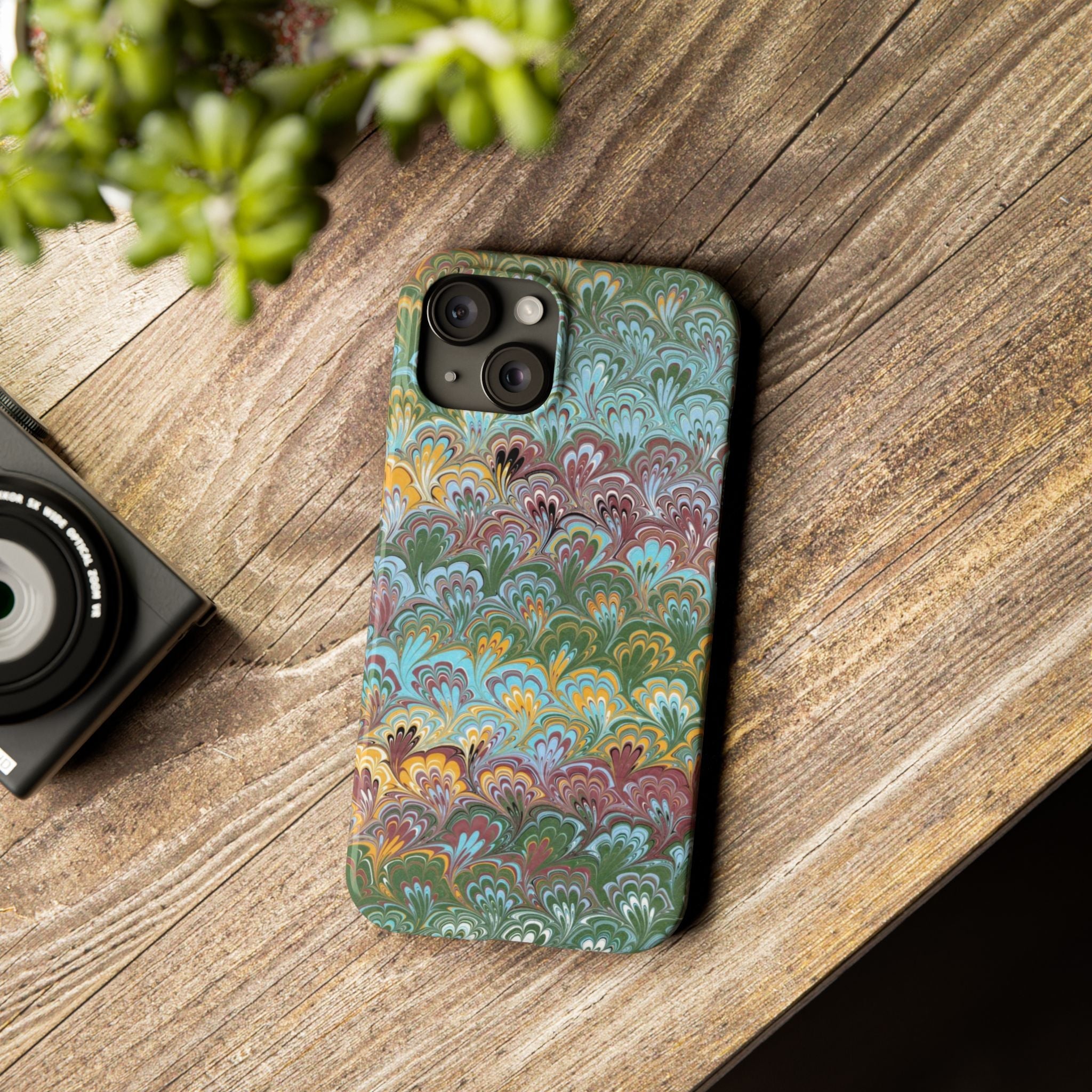 Phone Case with Design from Italy - Marbled "Peacock" Design, Green, Blue, Multi-Color Slim Phone Cases