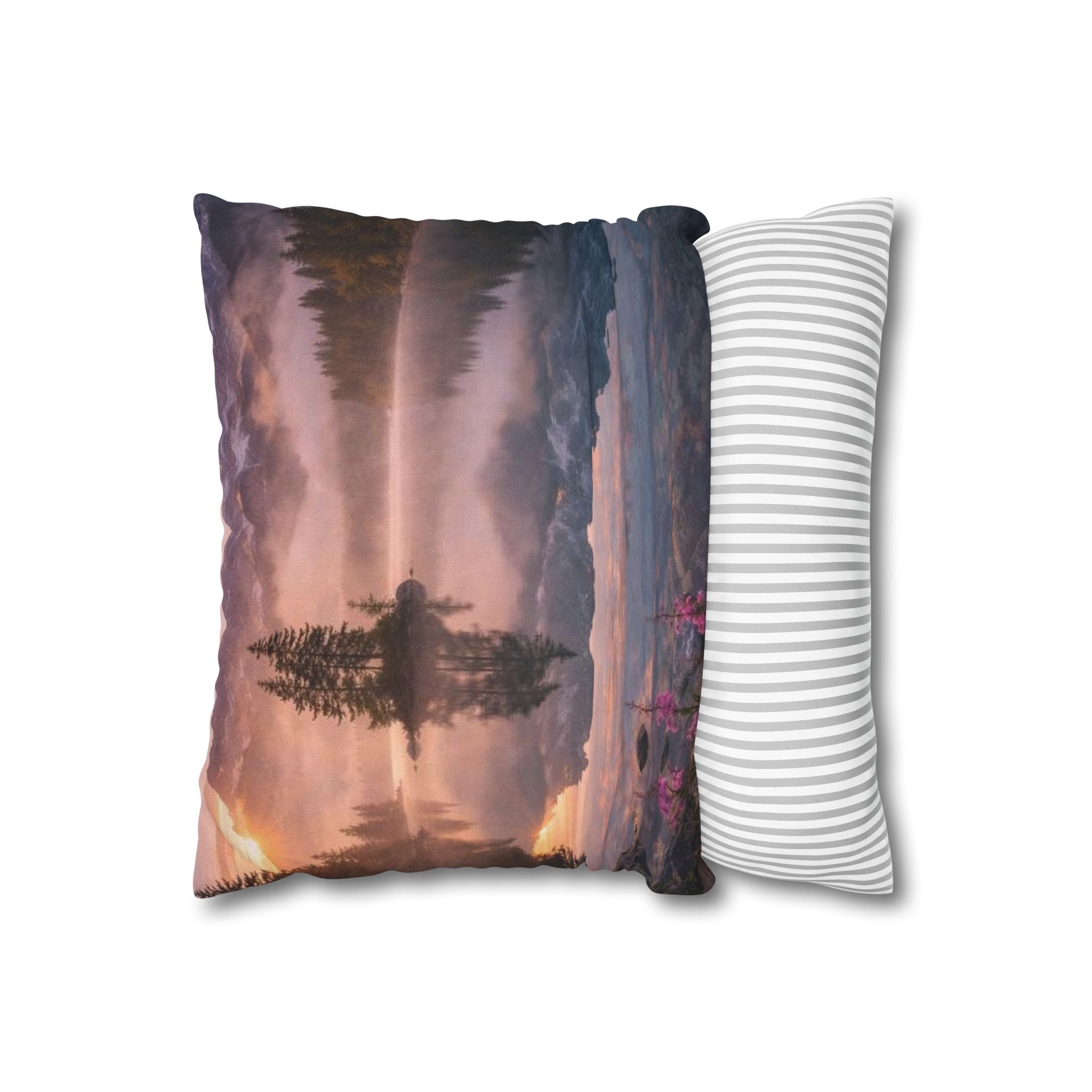 Scenic Lake Reflection Square Pillow — Mountain Sunrise Decorative Pillowcase