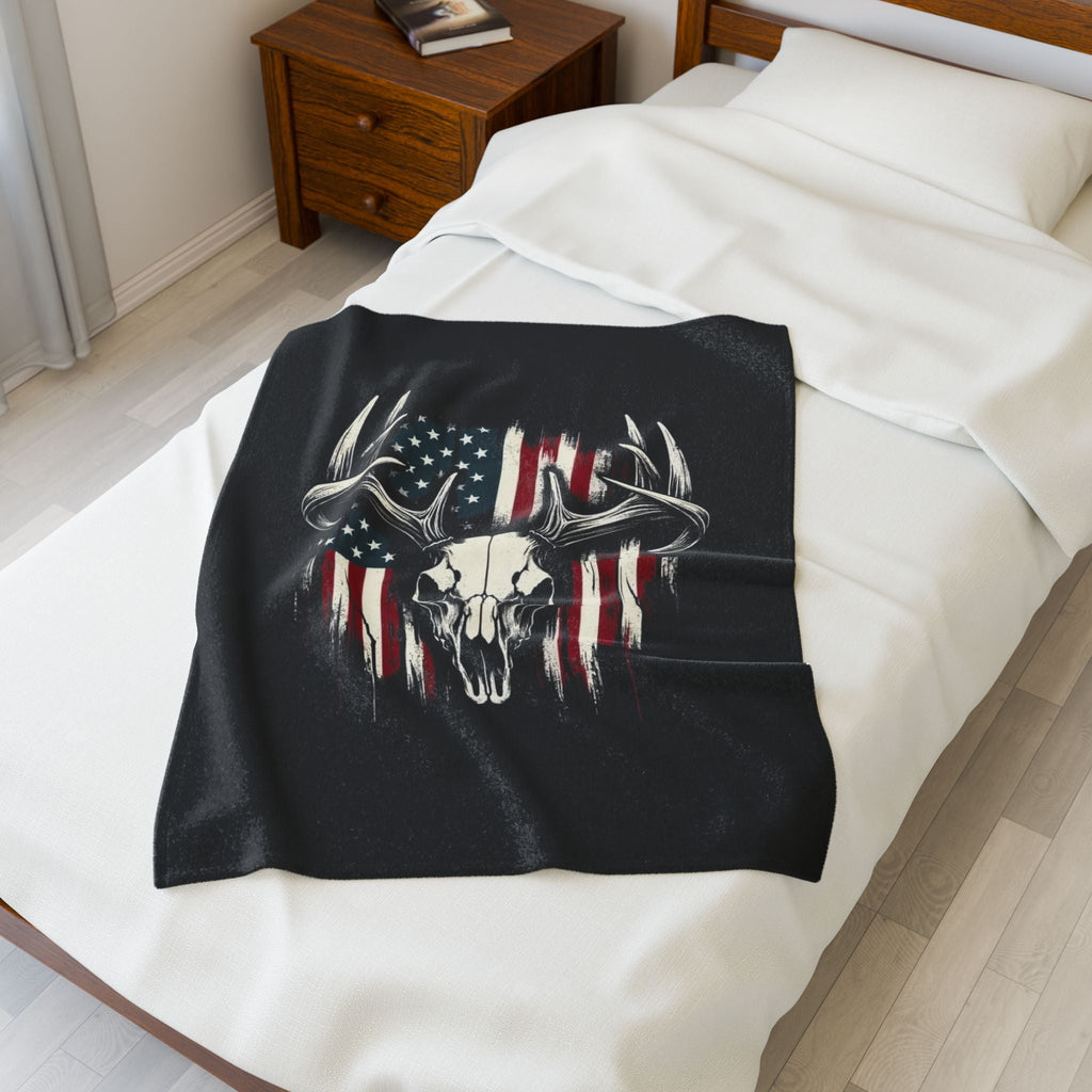 American Flag Deer Skull Velveteen Plush Blanket