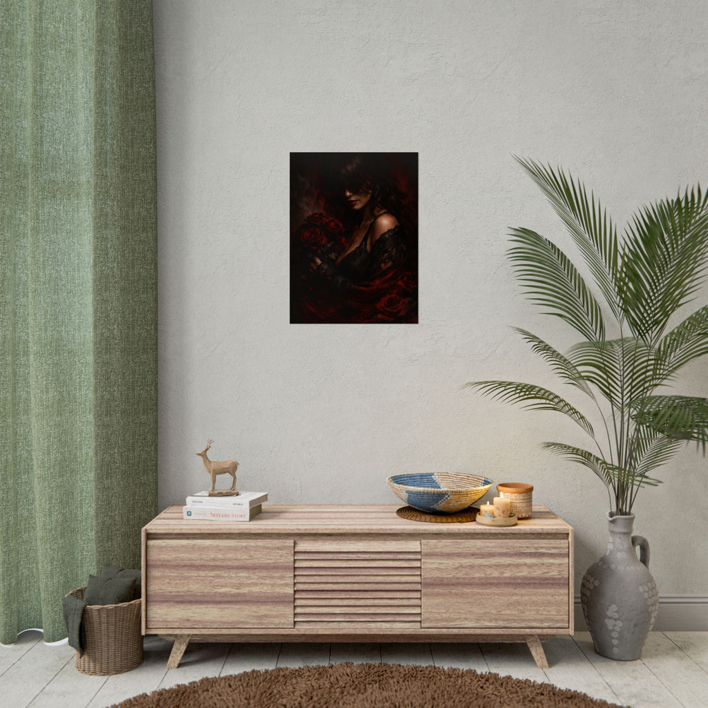 Dark Romantic Art Poster — Gothic Woman with Red Roses, Moody Wall Art